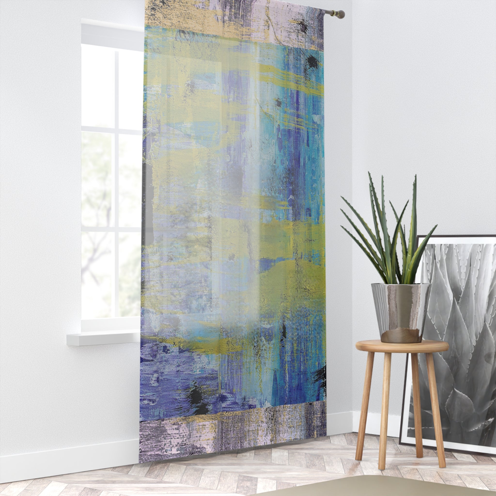 Sheer Abstract Painterly Window Curtain – Blue, Green & Yellow Sheer Drapery