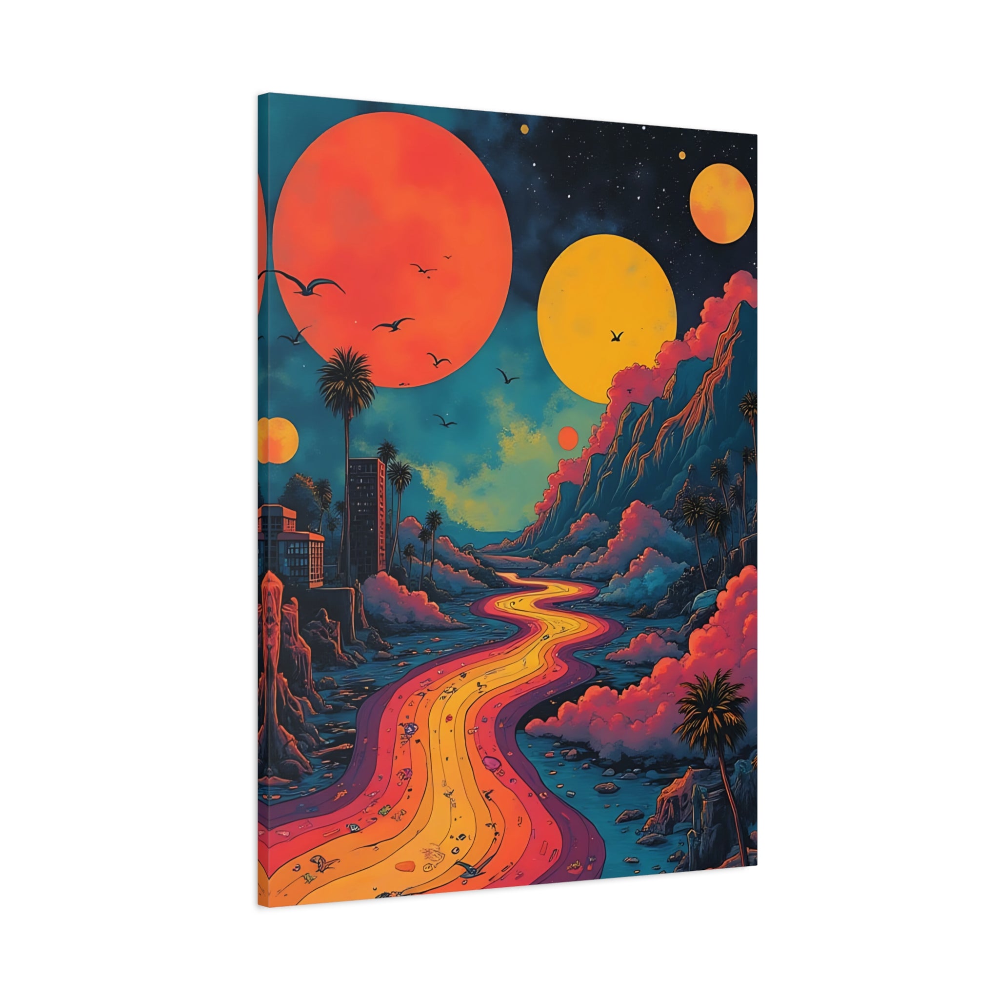 Psychedelic Sunset River Canvas Wall Art — Vibrant Retro Landscape Matte Stretched Print