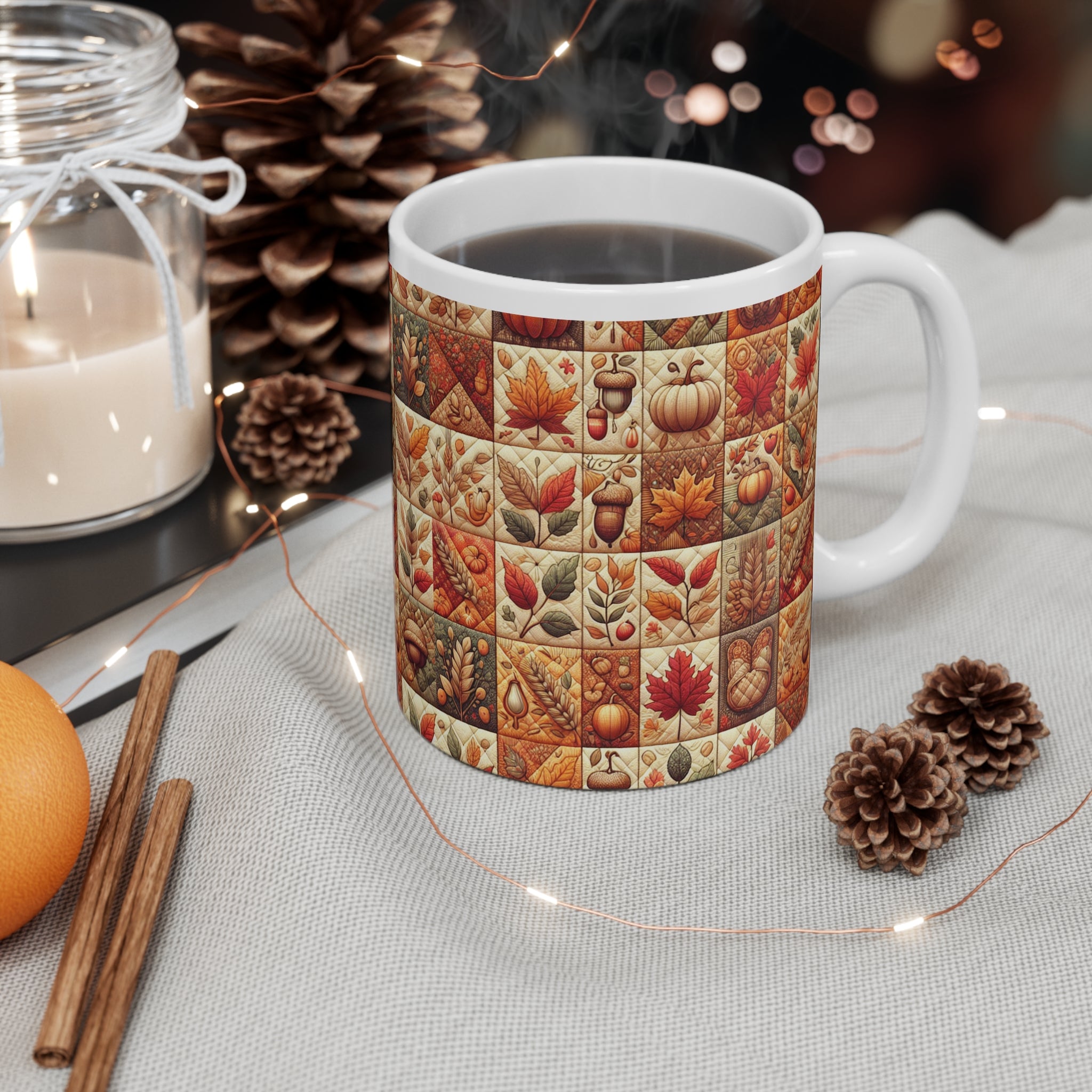 Coffee Mug, Autumn Quilt Design, Gift for Him, Tea Cup, Kitchen Decor, Unique Coffee Cup