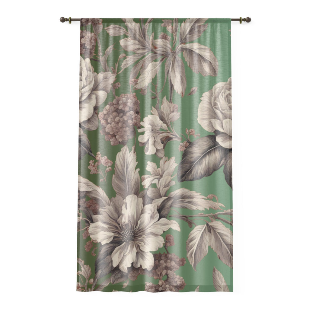 Floral Vintage Window Curtain – Green Botanical Drapes with Large Rose & Hibiscus Print