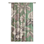 Floral Vintage Window Curtain – Green Botanical Drapes with Large Rose & Hibiscus Print