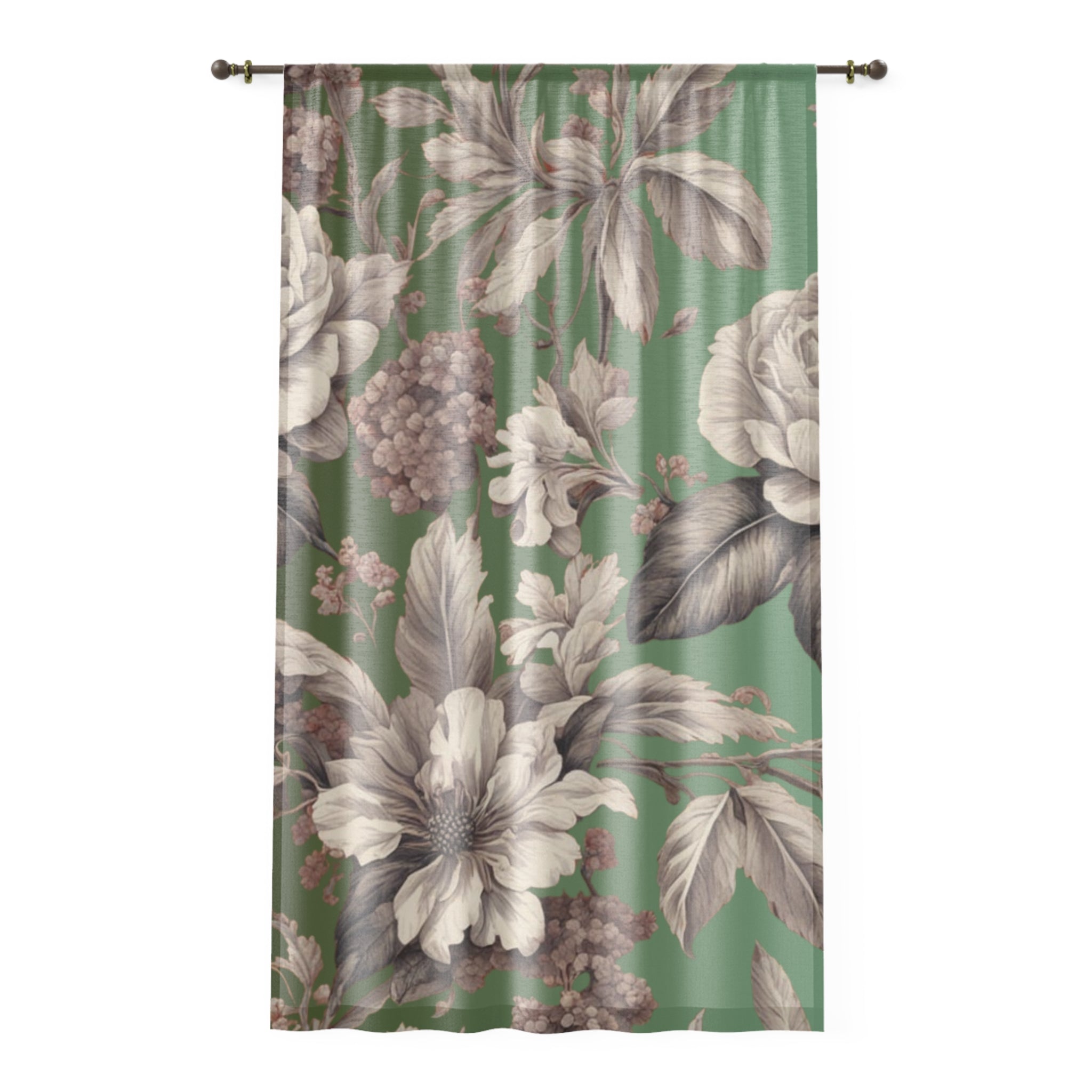 Floral Vintage Window Curtain – Green Botanical Drapes with Large Rose & Hibiscus Print