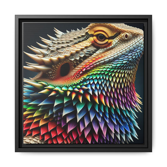 Rainbow'd Bearded Dragon Portrait on Matte Black Canvas in a Black Frame