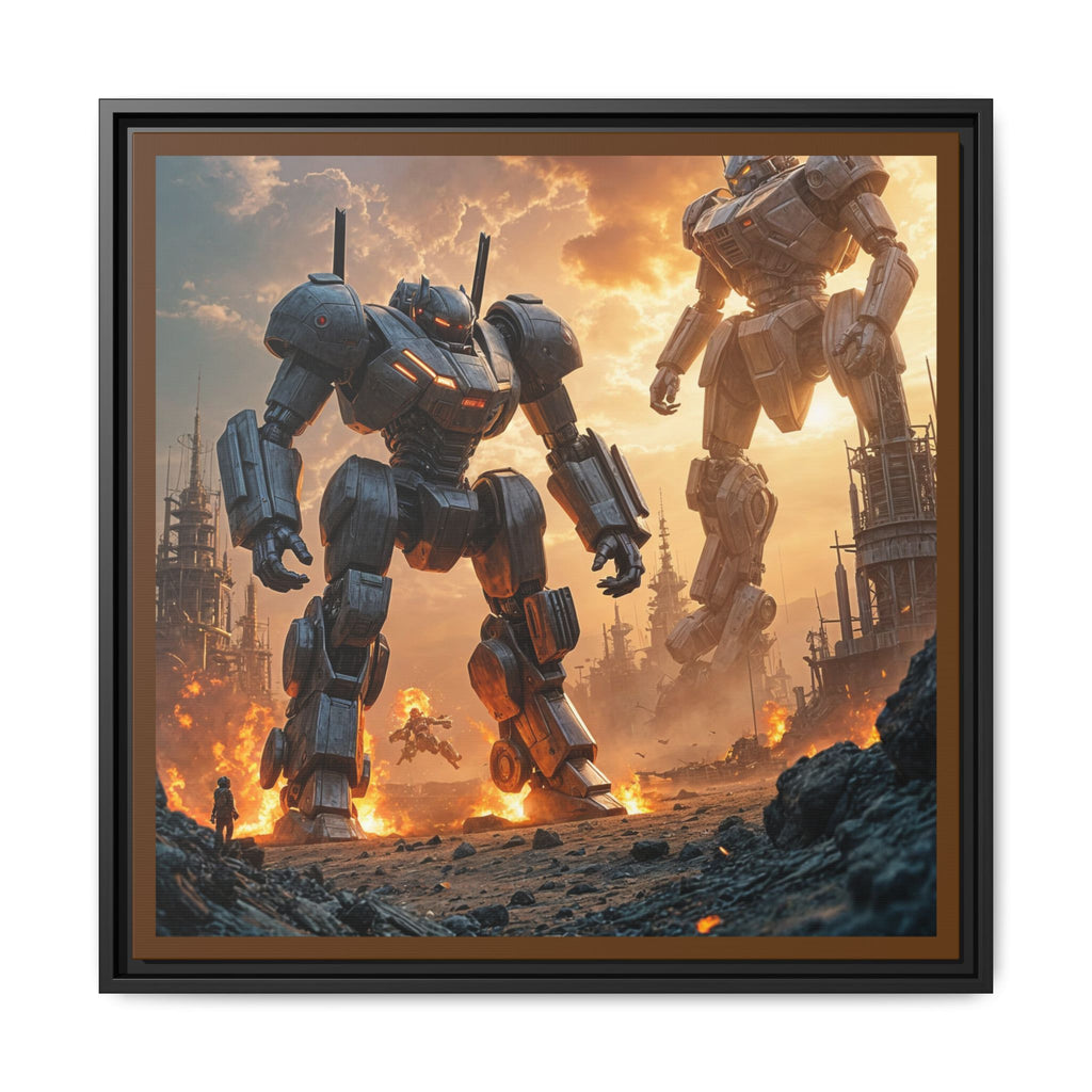 Framed Matte Canvas - Giant Mech Battle Scene Wall Art