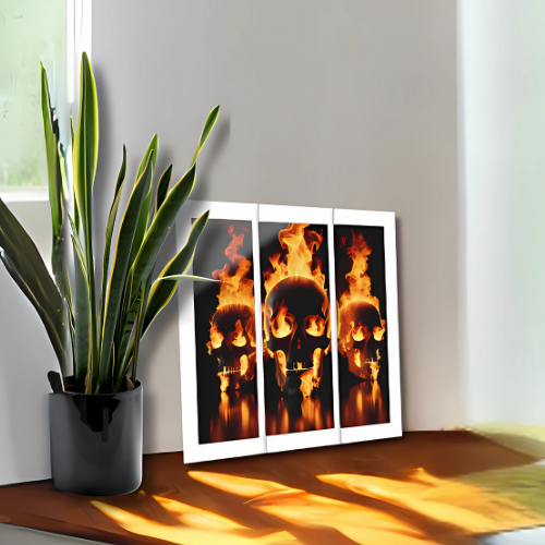Flaming Skulls Trio - Set of 3 Acrylic Panels - Wall Art for Men - A Collection
