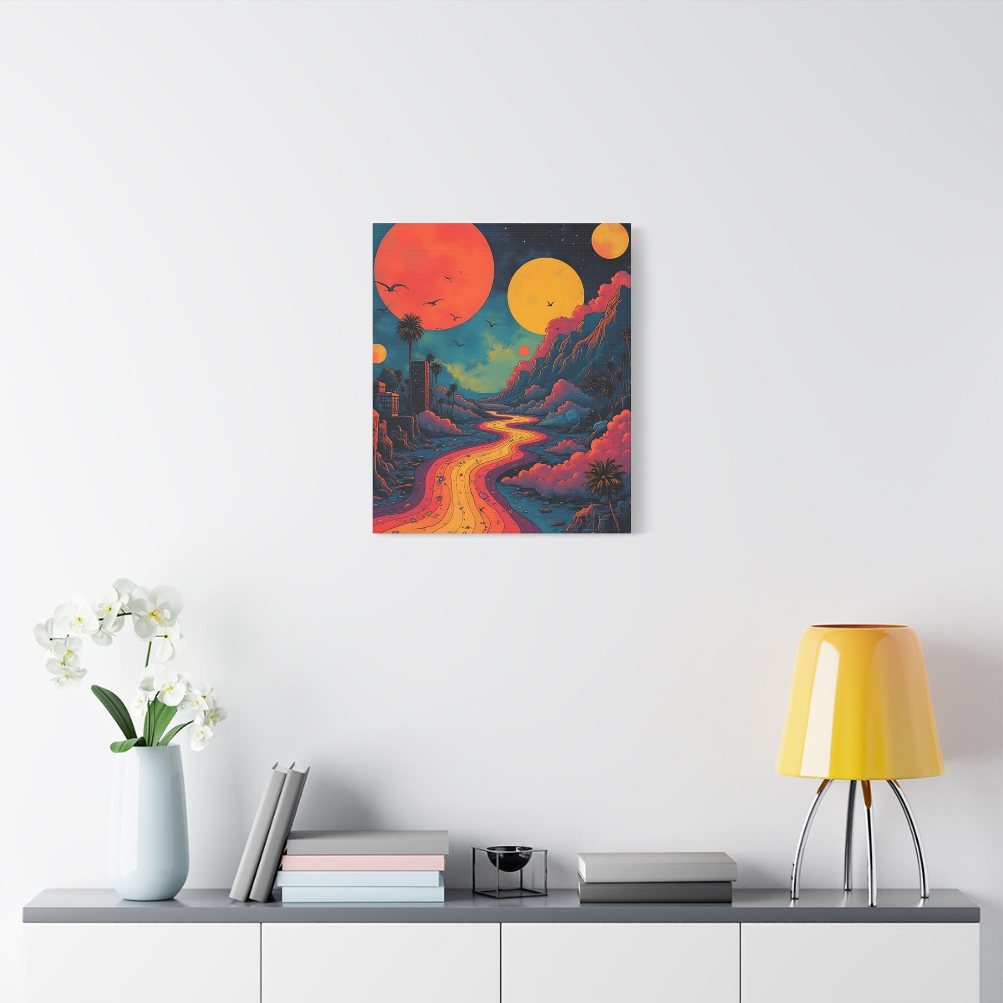 Psychedelic Sunset River Canvas Wall Art — Vibrant Retro Landscape Matte Stretched Print