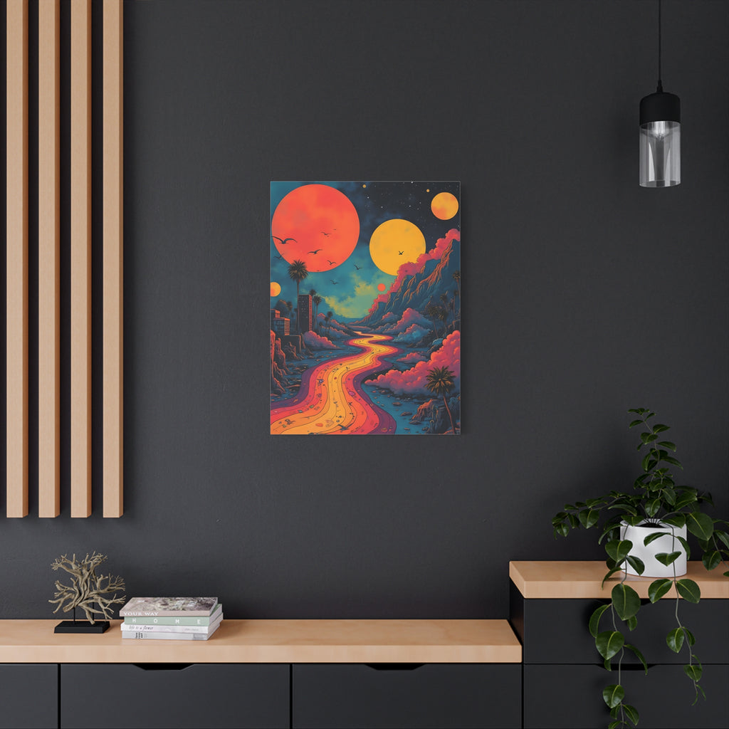 Psychedelic Sunset River Canvas Wall Art — Vibrant Retro Landscape Matte Stretched Print