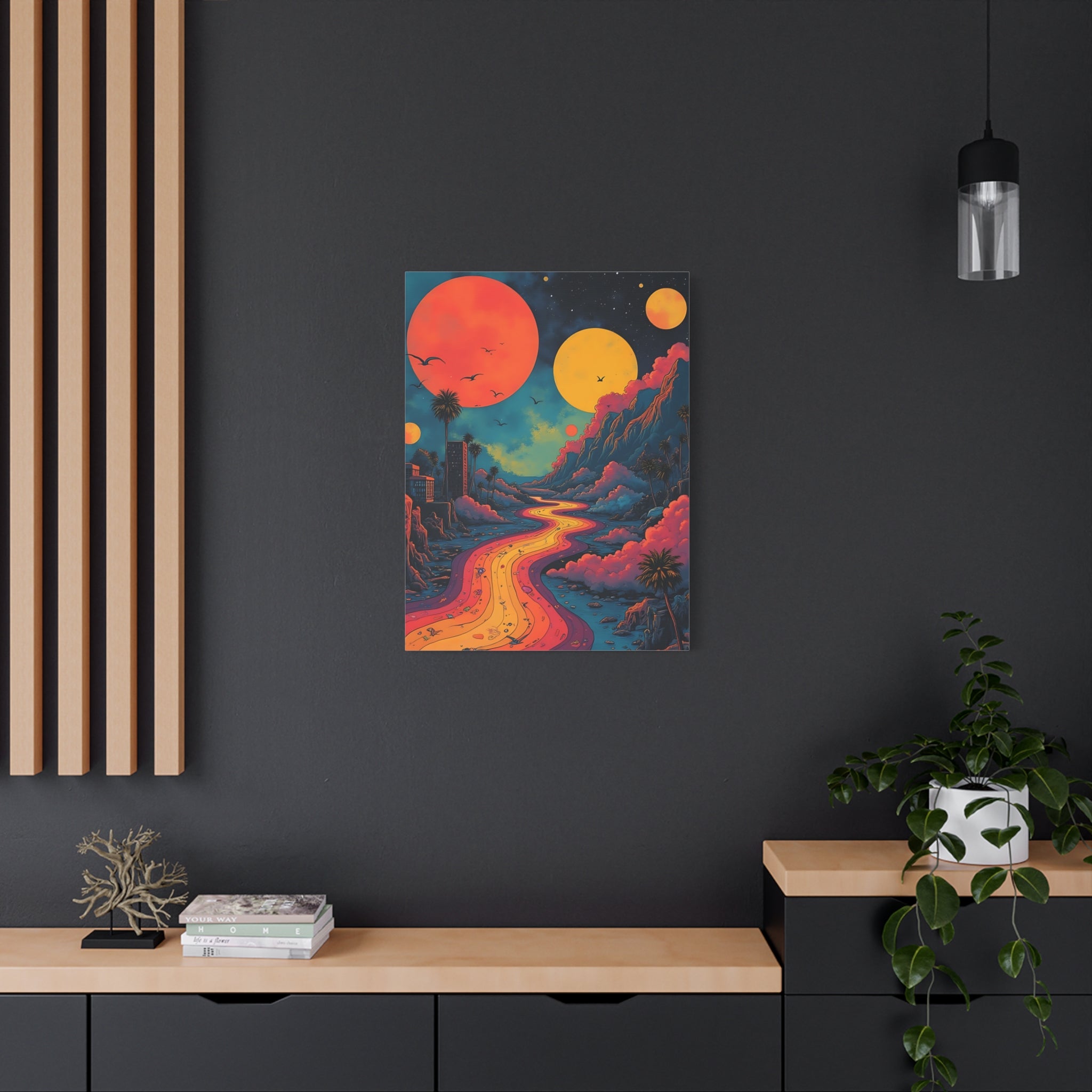 Psychedelic Sunset River Canvas Wall Art — Vibrant Retro Landscape Matte Stretched Print