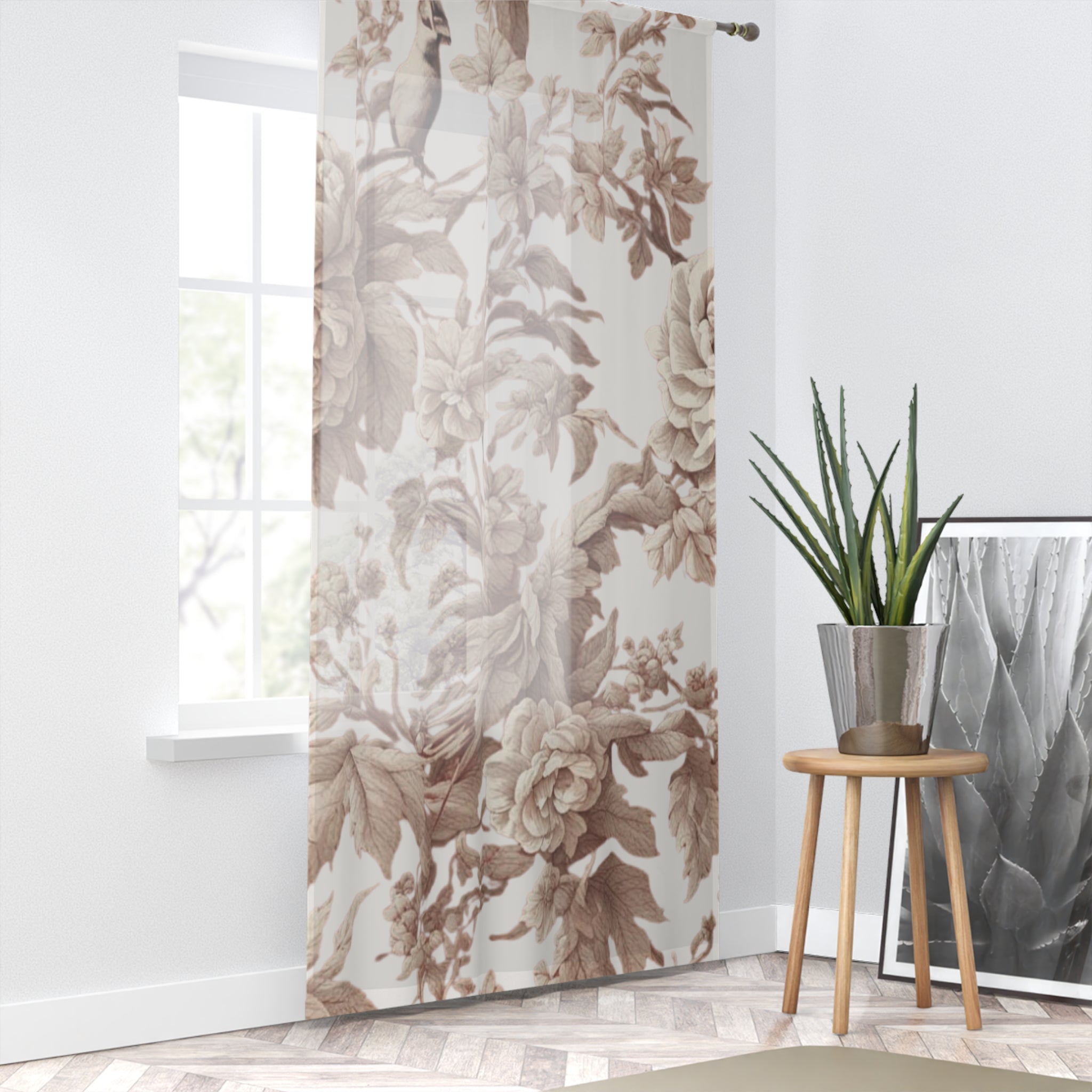 Floral Sheer Window Curtain – Vintage Sepia Rose Print