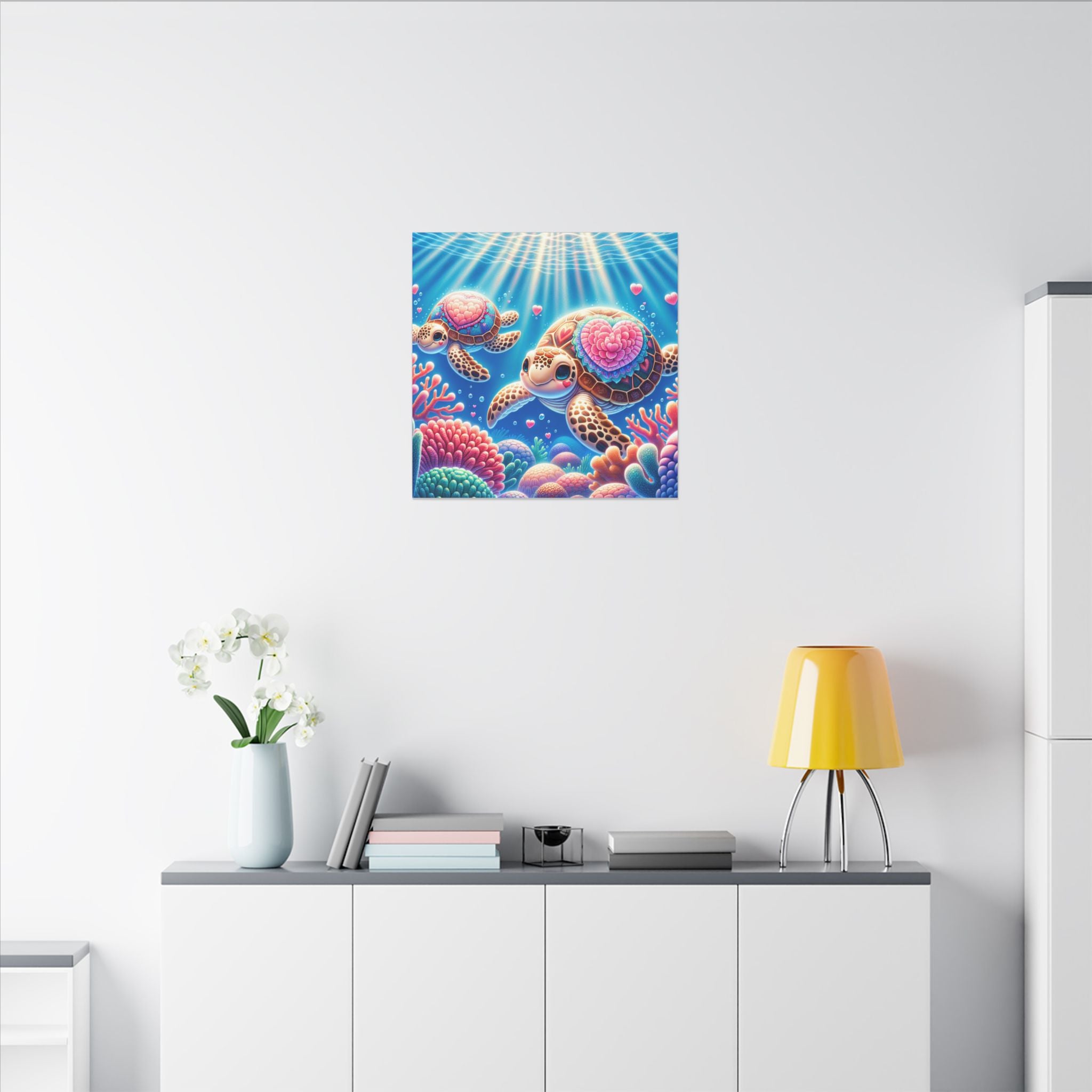Sea Turtle Canvas Wall Art — Colorful Heart Shells Ocean Print