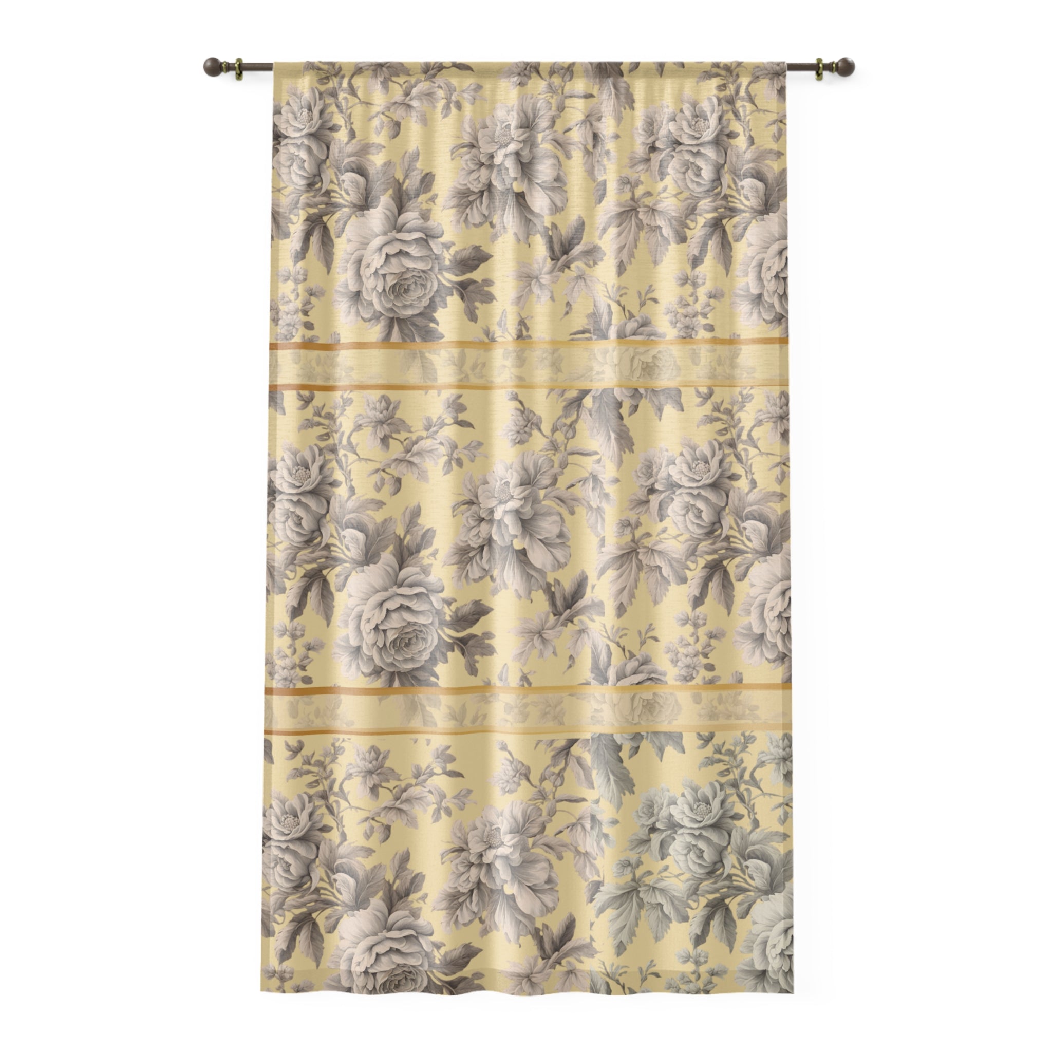 Floral Vintage Window Curtain — Yellow Rose Pattern Sheer Drapery