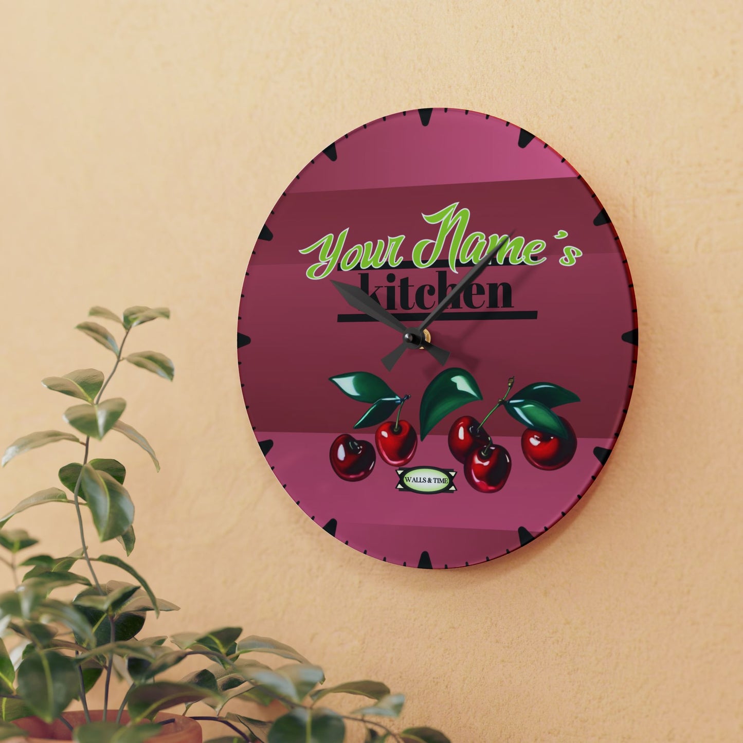 Personalized Retro Kitchen Wall Clock with Cherry Design - Personalized Kitchen Decor