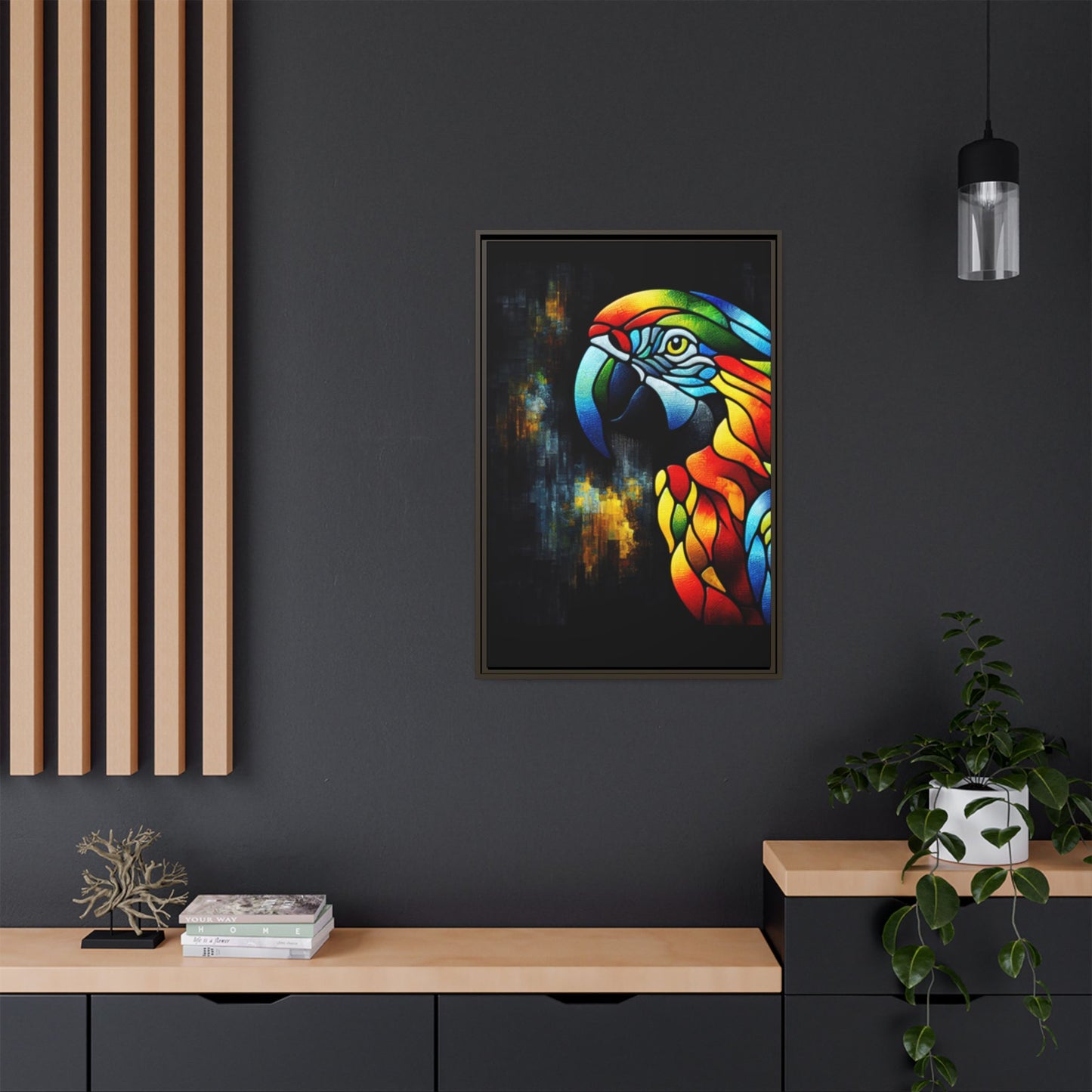 Framed Canvas Art Print, Regal and Rustic Parrot, Mosaic Style Art