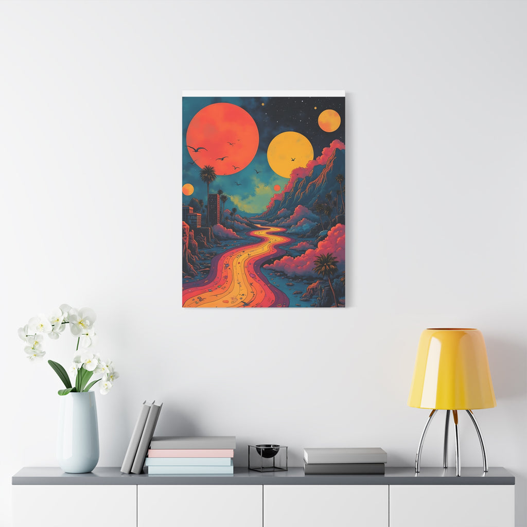 Psychedelic Sunset River Canvas Wall Art — Vibrant Retro Landscape Matte Stretched Print