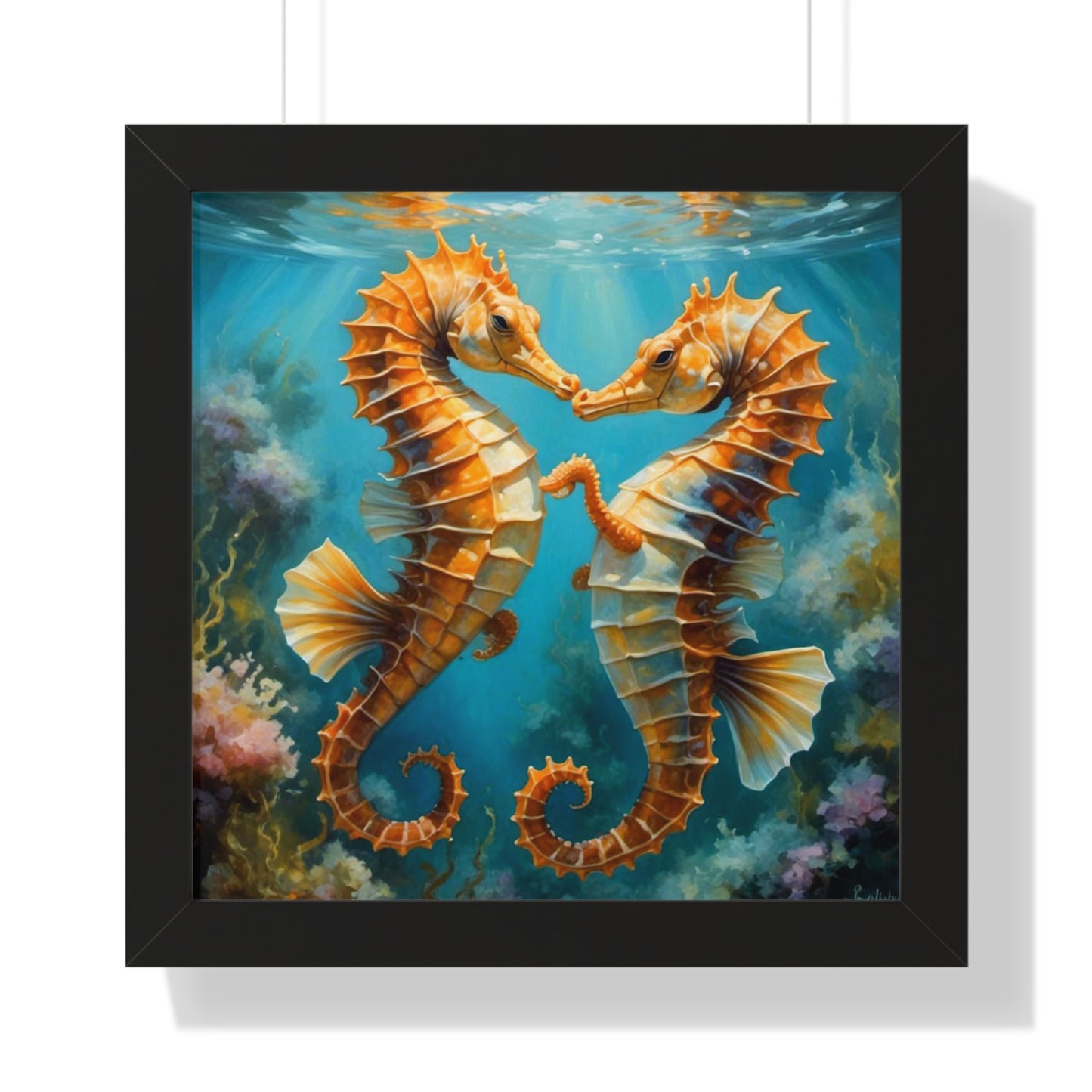 Framed Poster Art Print - Seahorses in Love Digital Painting