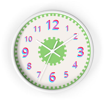 10" Round Kids Wall Clock, All Geared Up, in lime green with pink numbers