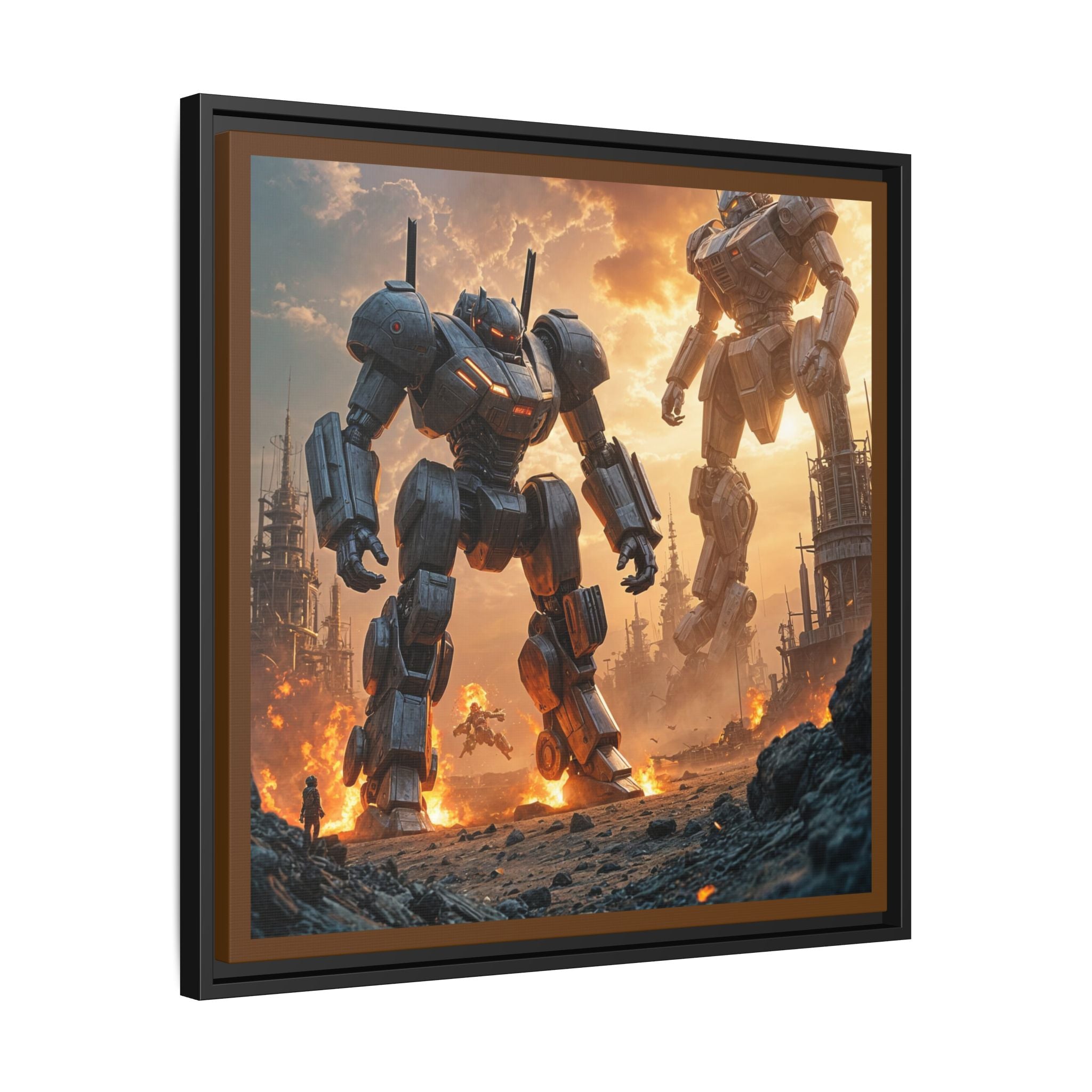 Framed Matte Canvas - Giant Mech Battle Scene Wall Art