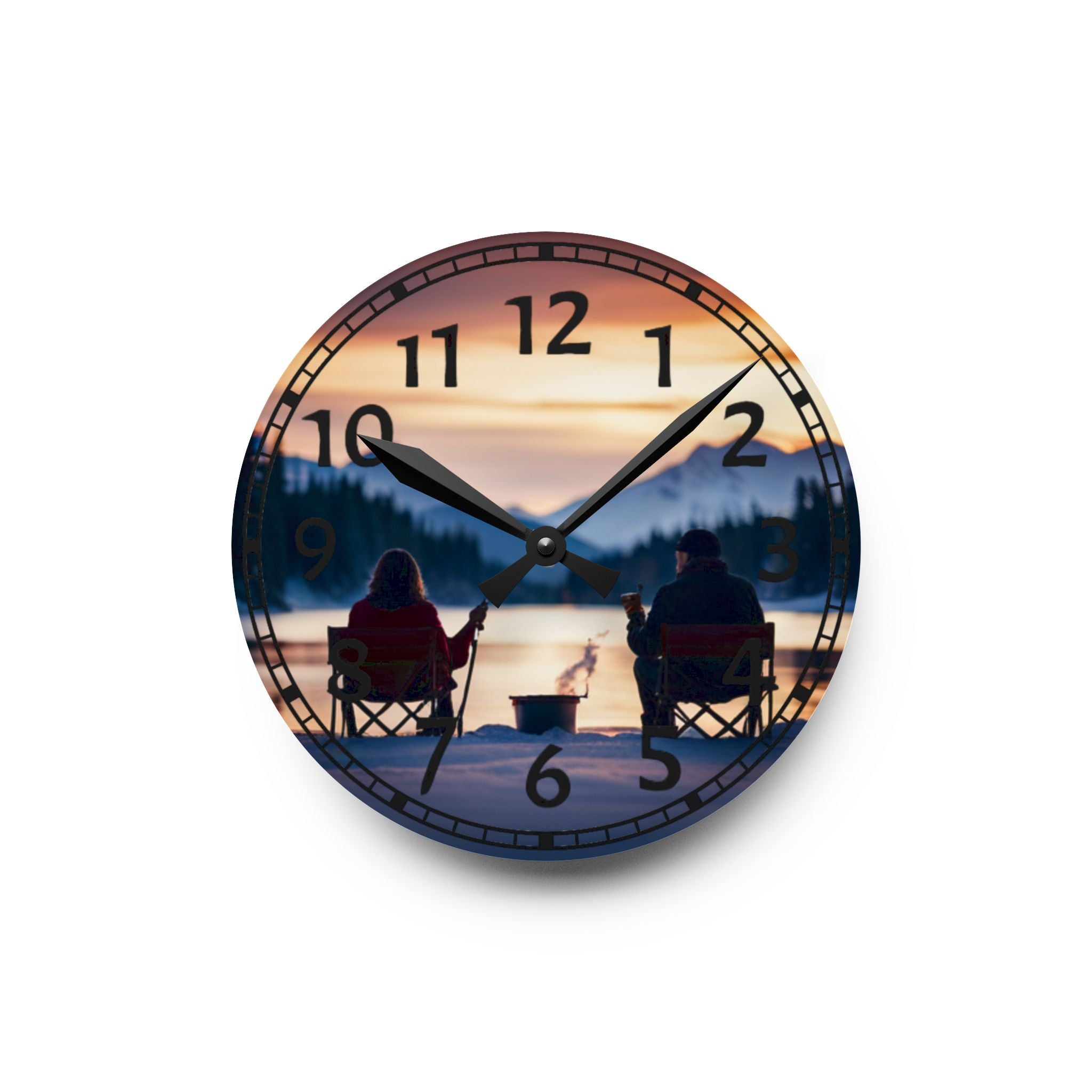 Acrylic Wall Clock — Cozy Lakeside Sunset Couples Design