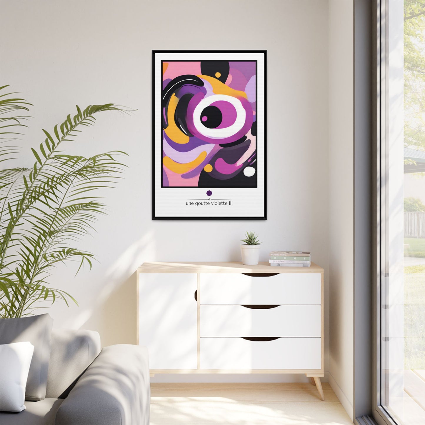 "Une Goutte Violette III" a Digital Painting for Kids, Set of 3, Matte Canvas, Black Frame