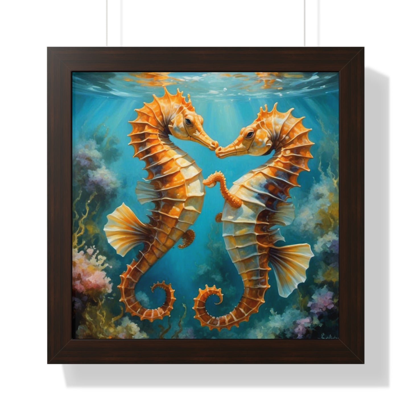 Framed Poster Art Print - Seahorses in Love Digital Painting