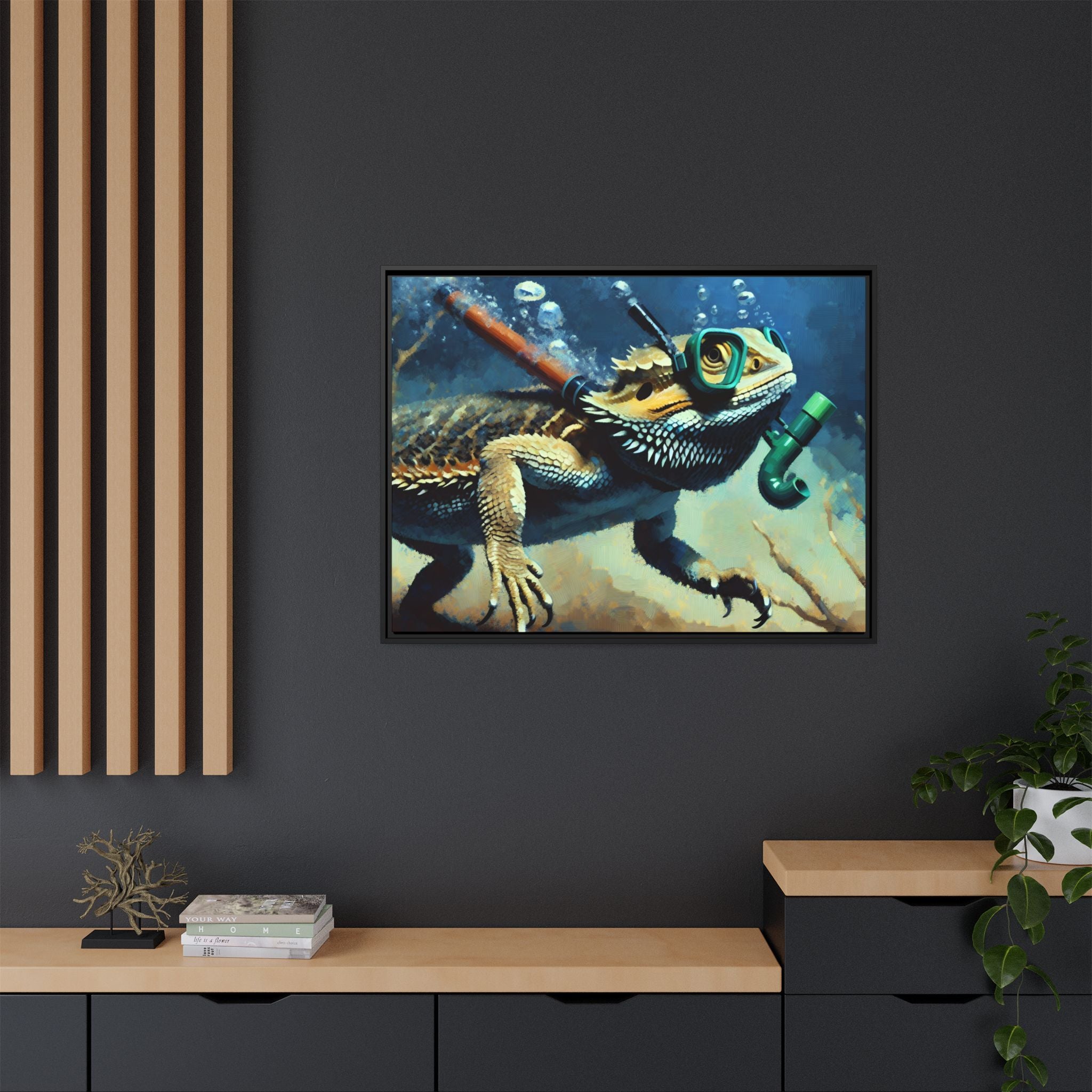 Snorkeling Bearded Dragon Print, Framed Canvas