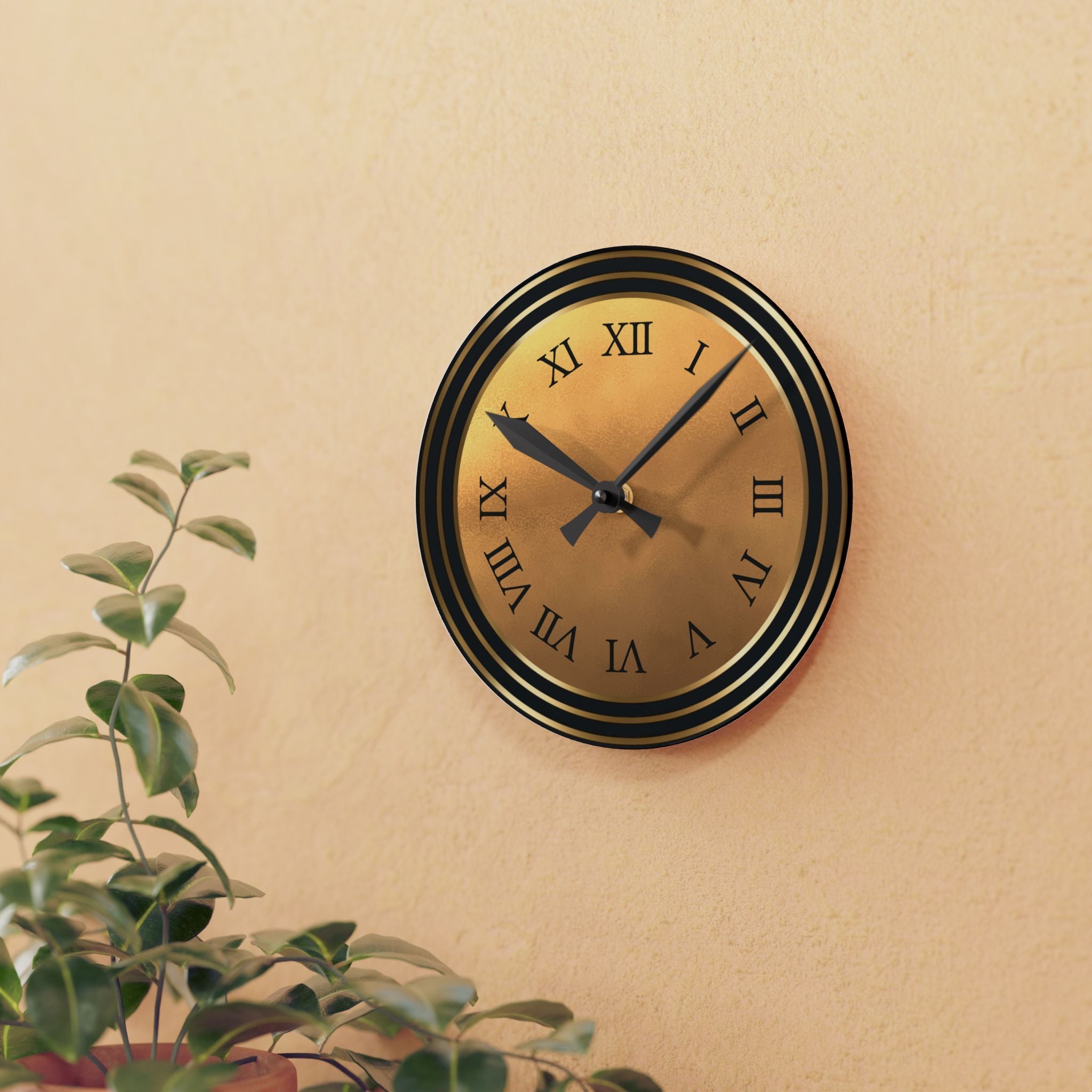 Modern Acrylic Wall Clock, Roman Numerals, Black and Gold Metallic Print, Home Decor, Office Wall Art, Unique Gift, Decorative Clock