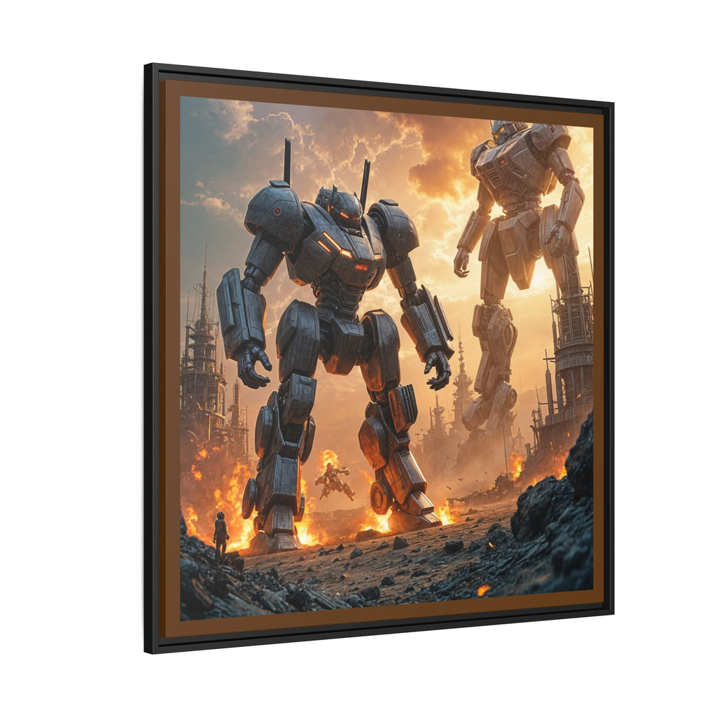 Framed Matte Canvas - Giant Mech Battle Scene Wall Art