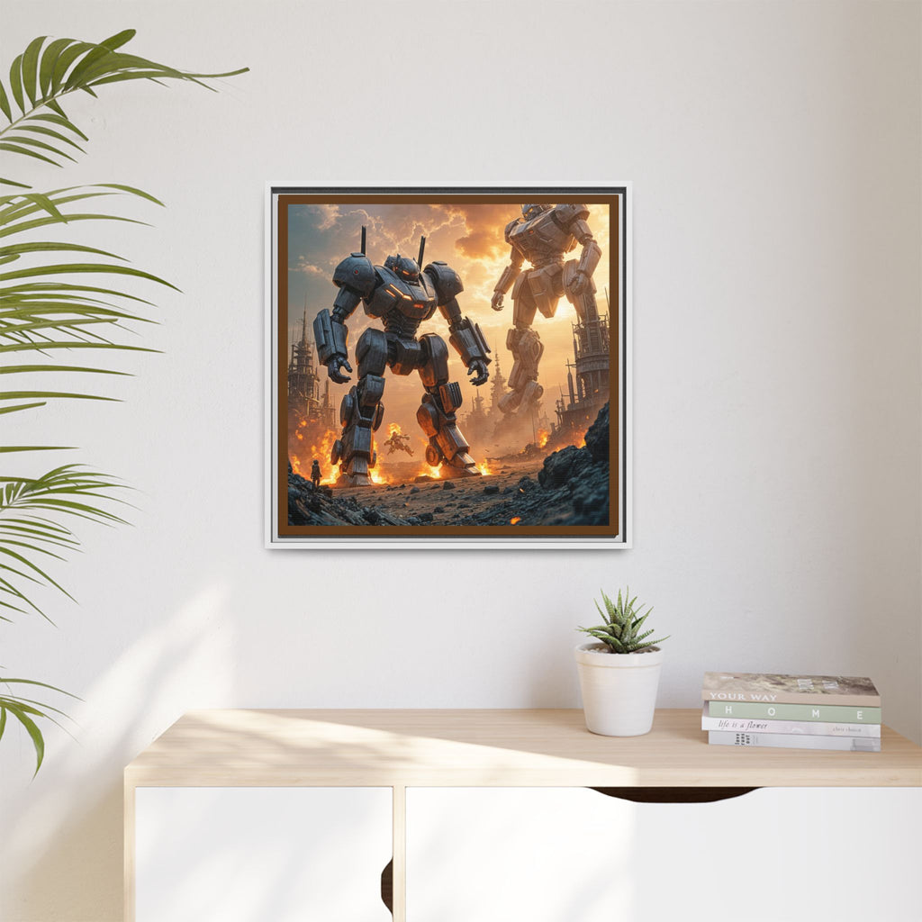 Framed Matte Canvas - Giant Mech Battle Scene Wall Art