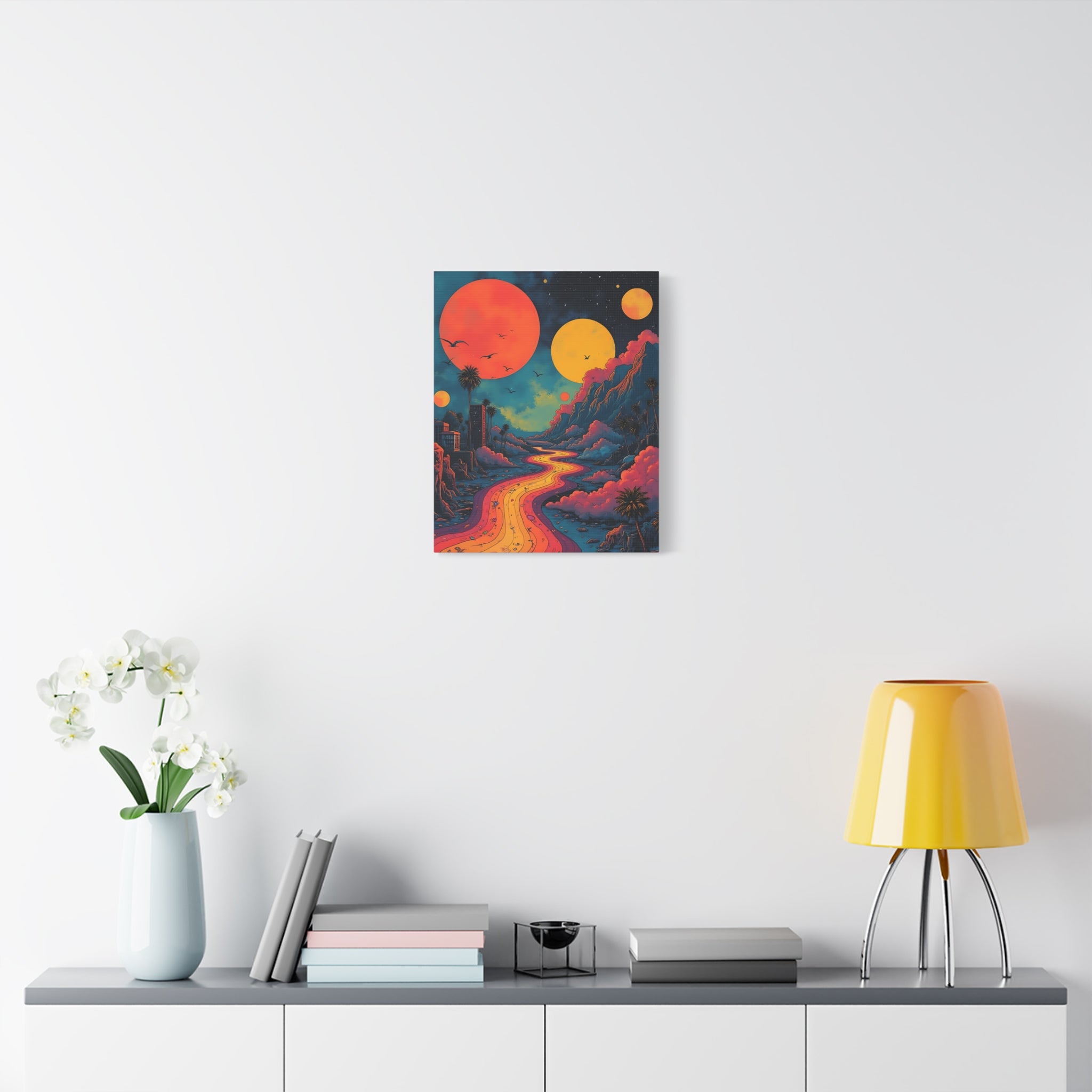 Psychedelic Sunset River Canvas Wall Art — Vibrant Retro Landscape Matte Stretched Print