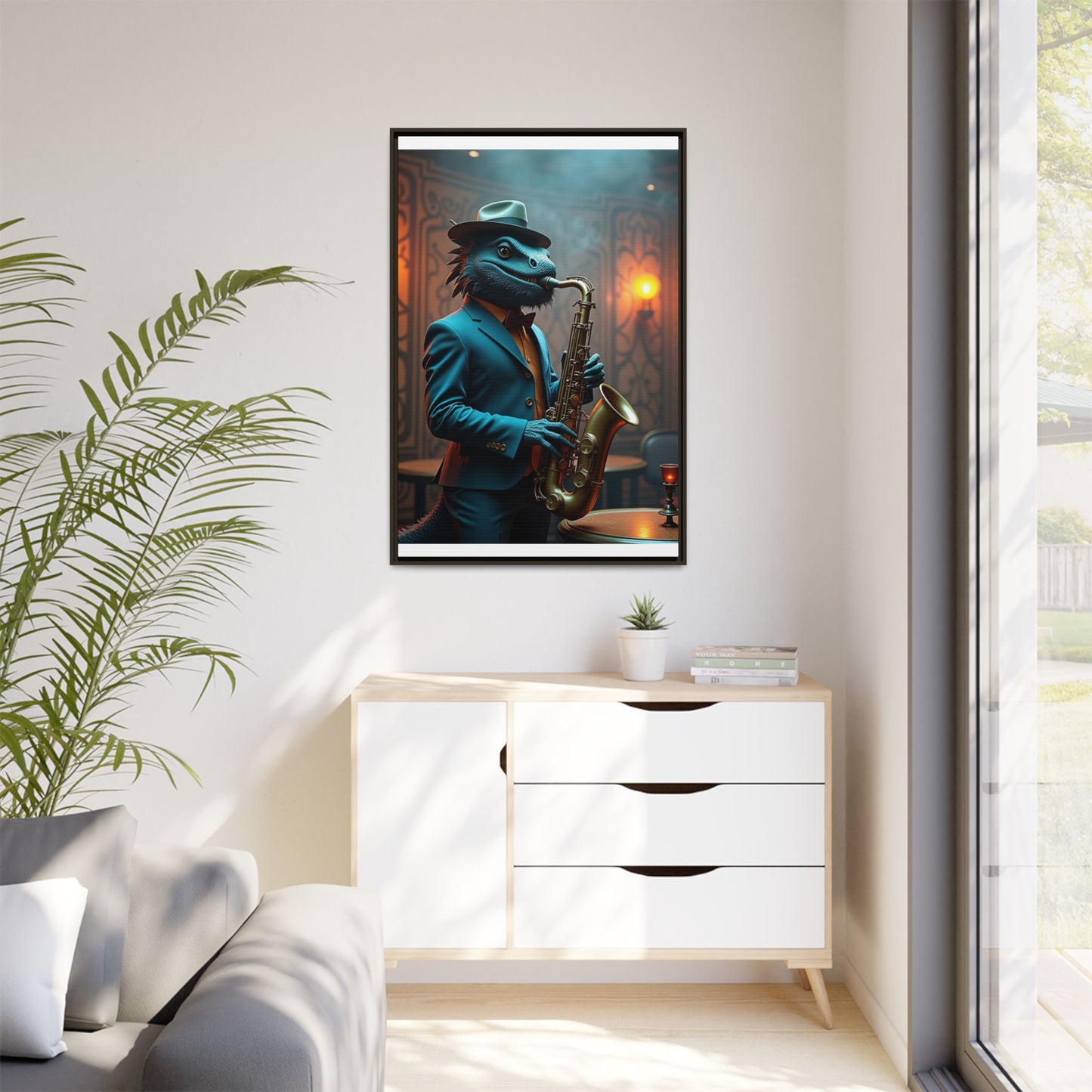 Bearded Dragon Playing the Saxophone Wall Artrt Print on Canvas, Framed (Multi-color)