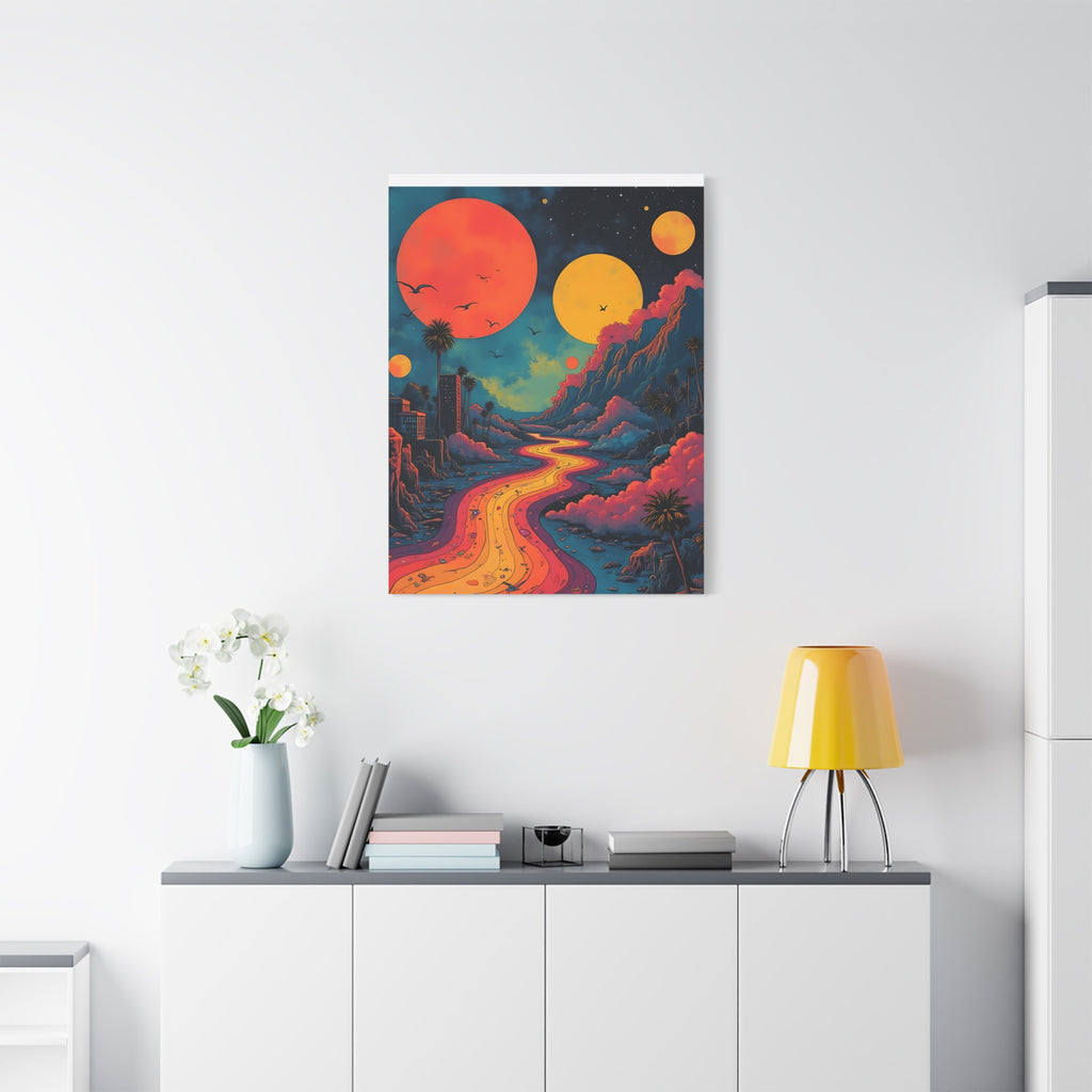 Psychedelic Sunset River Canvas Wall Art — Vibrant Retro Landscape Matte Stretched Print