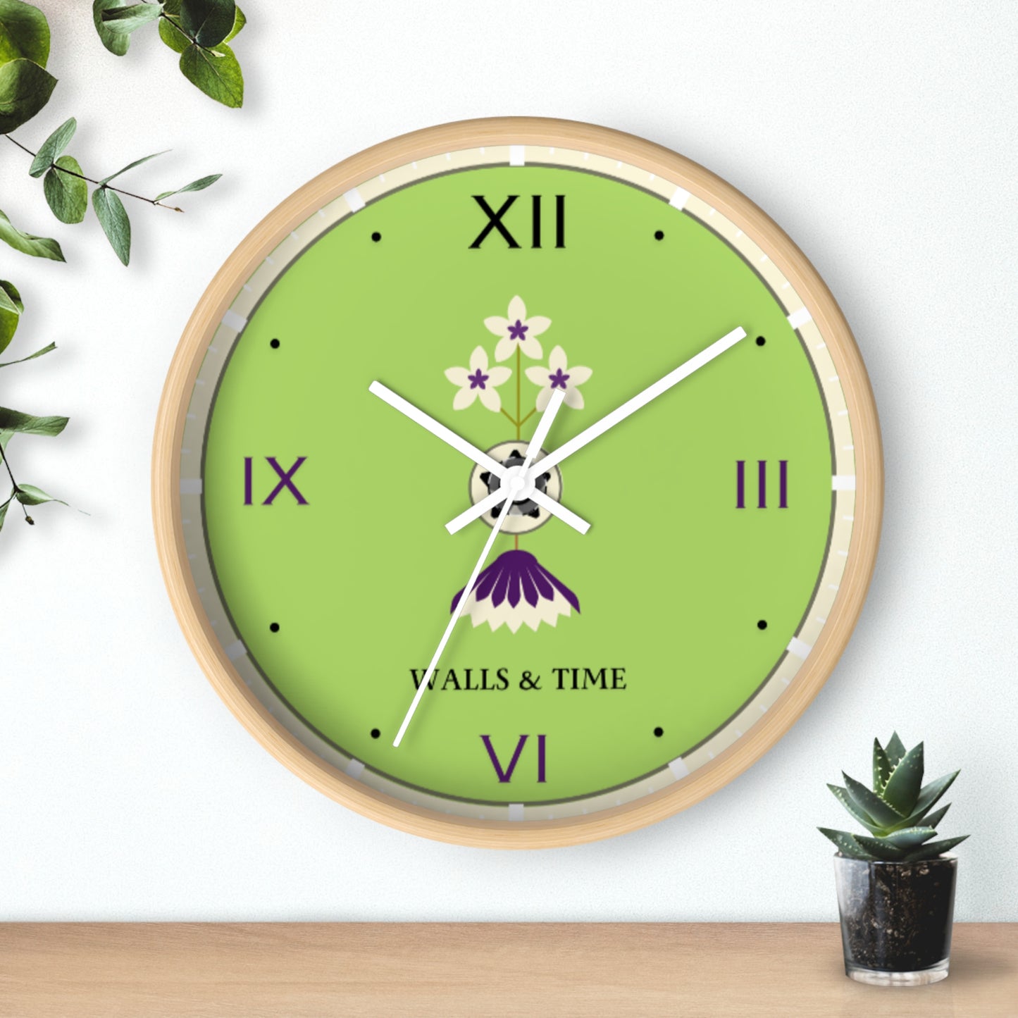 Decorative Silent Wall Clock, Light Green, Floral