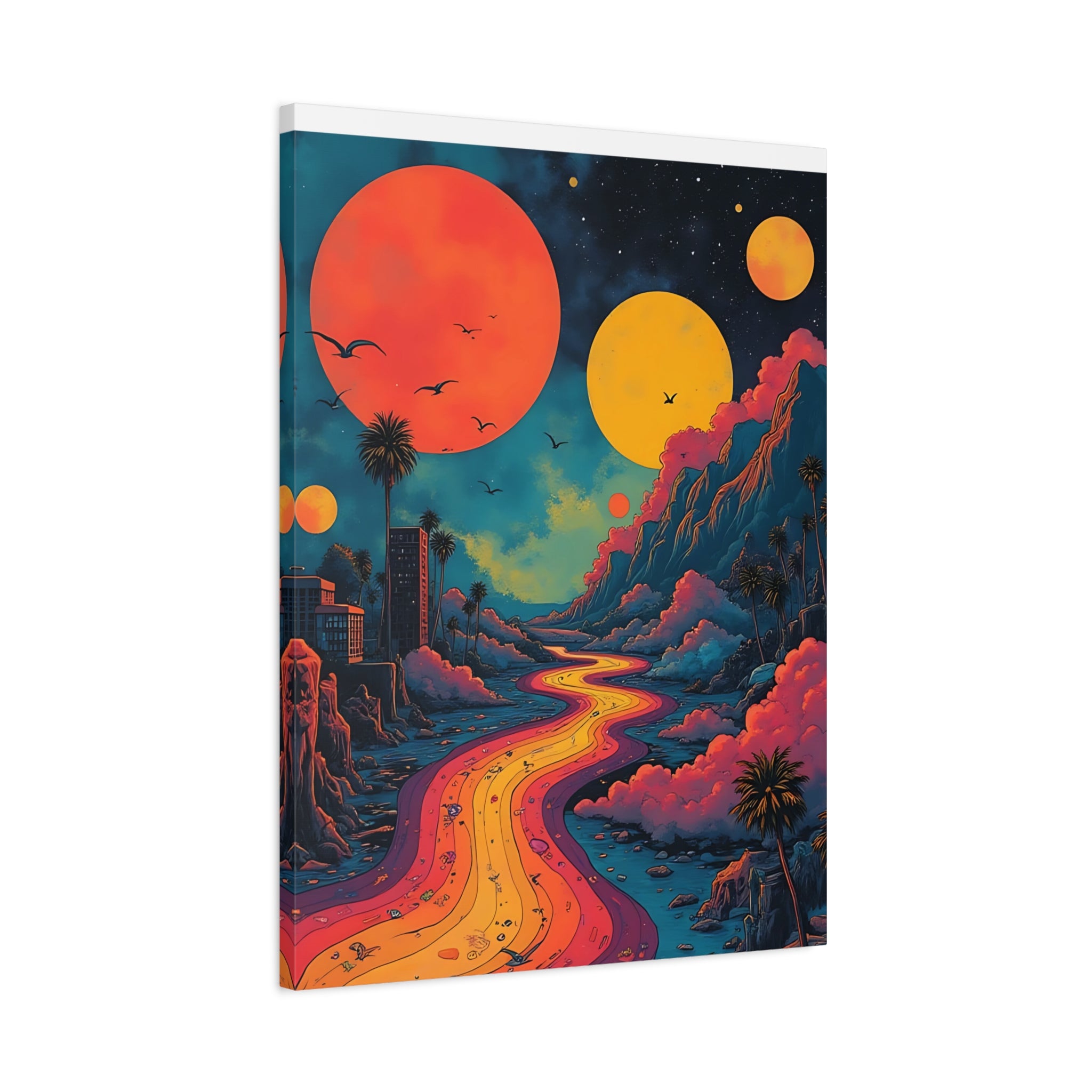 Psychedelic Sunset River Canvas Wall Art — Vibrant Retro Landscape Matte Stretched Print