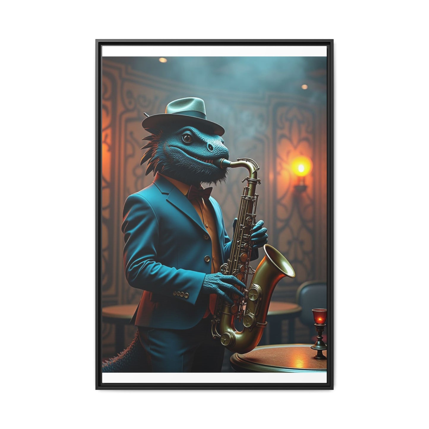 Bearded Dragon Playing the Saxophone Wall Artrt Print on Canvas, Framed (Multi-color)