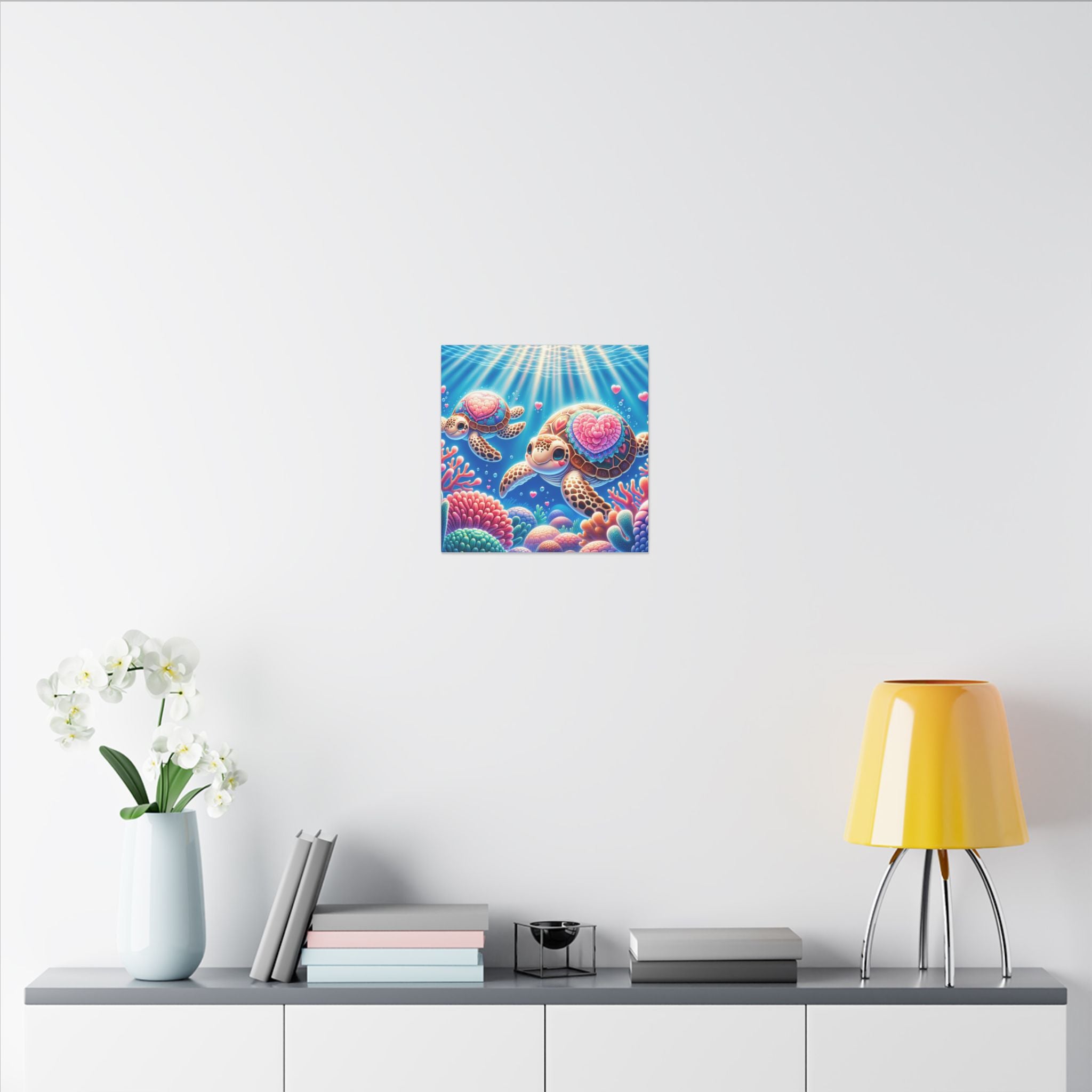Sea Turtle Canvas Wall Art — Colorful Heart Shells Ocean Print
