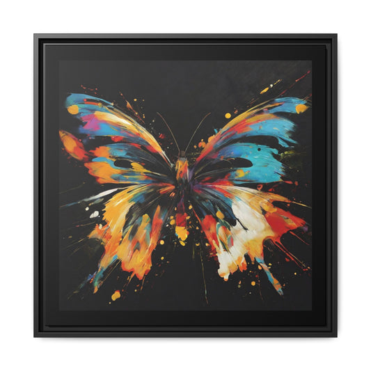 Framed Canvas Art Print, Butterfly Splatter Paint Wall Art on Black Matte Background