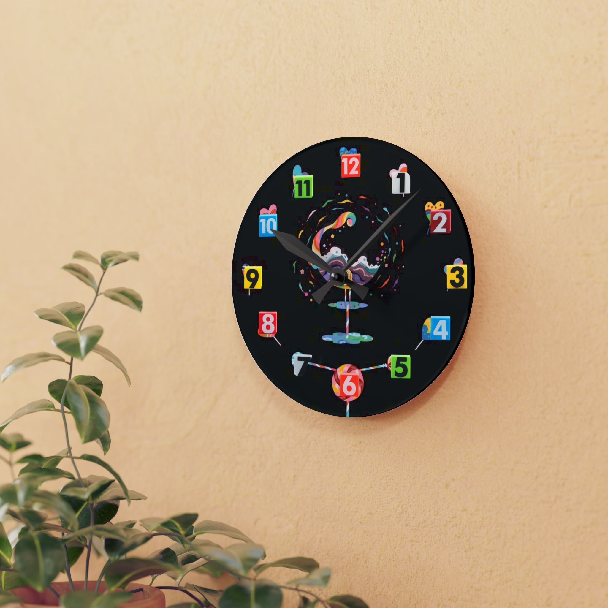 Cosmic Splash Acrylic Wall Clock — Colorful Numbered Modern Art Clock