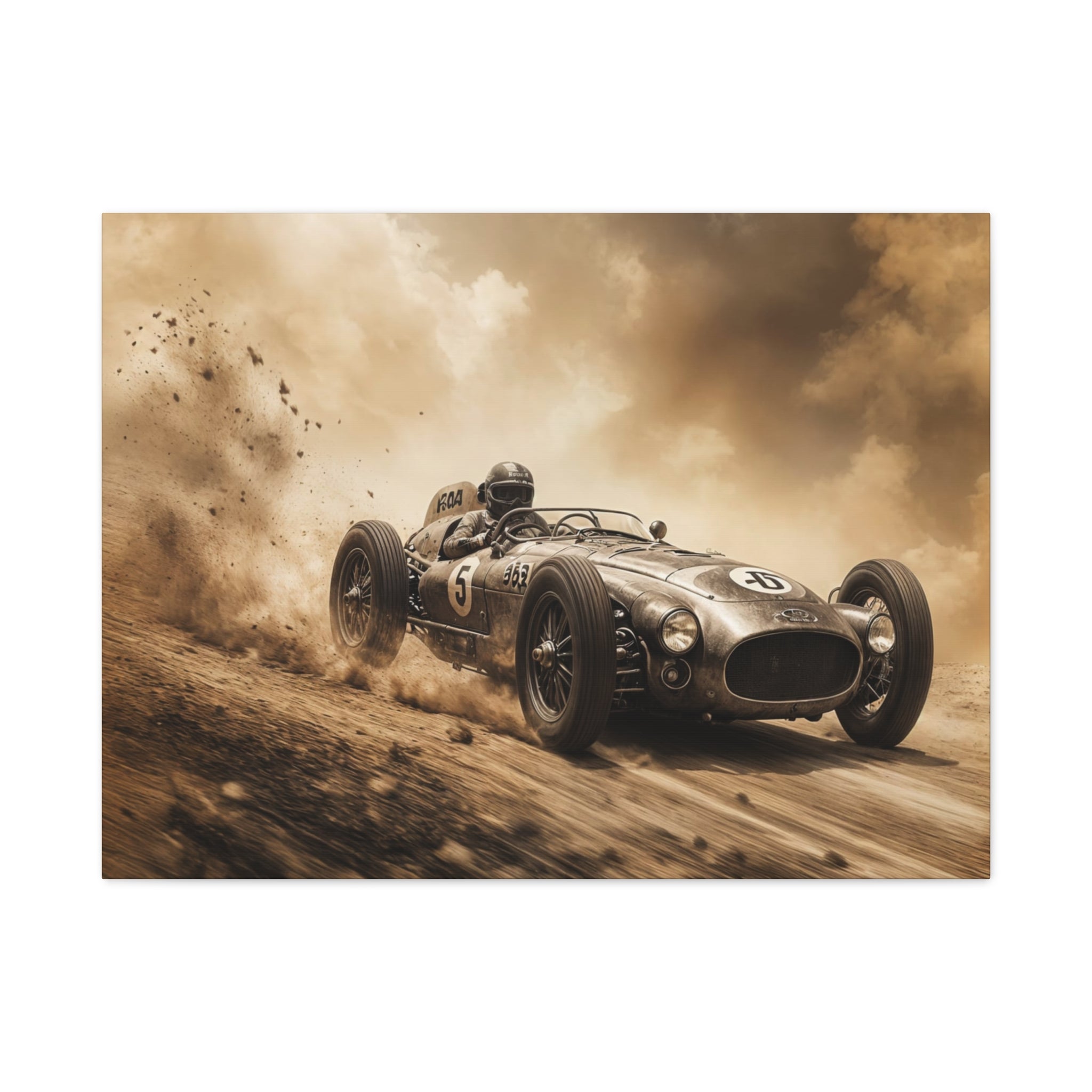 Vintage Racecar Wall Art Canvas – Sepia Classic Motorsport Print