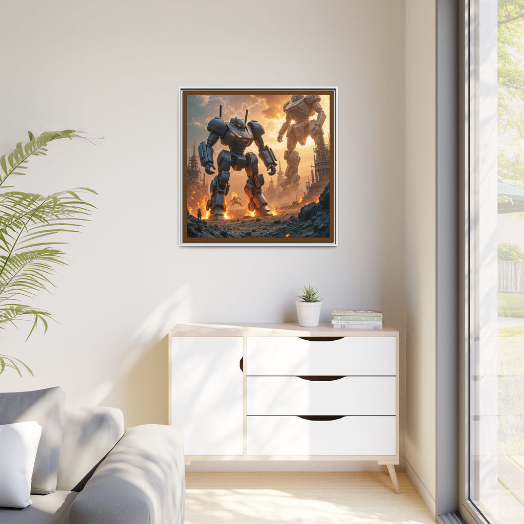Framed Matte Canvas - Giant Mech Battle Scene Wall Art