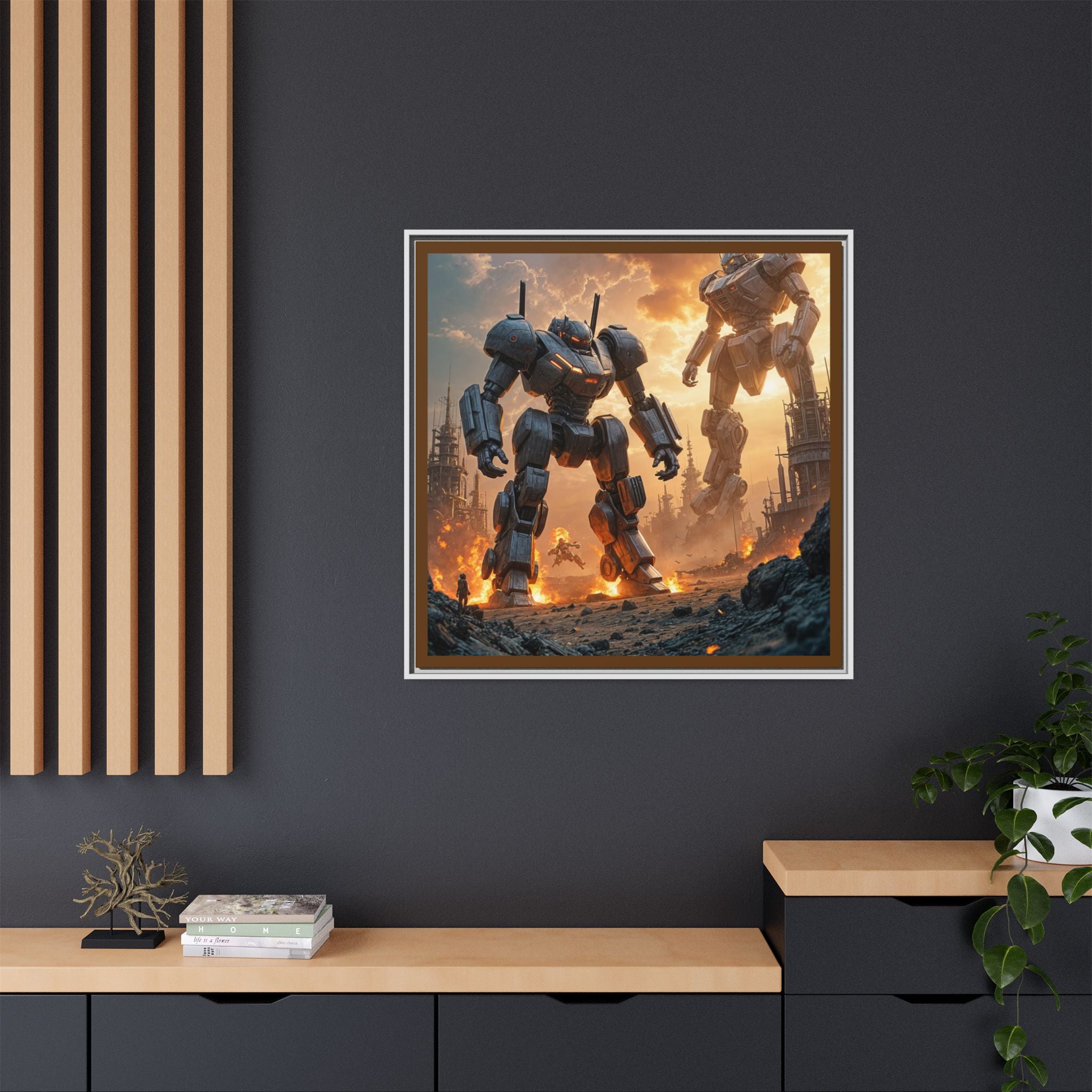 Framed Matte Canvas - Giant Mech Battle Scene Wall Art
