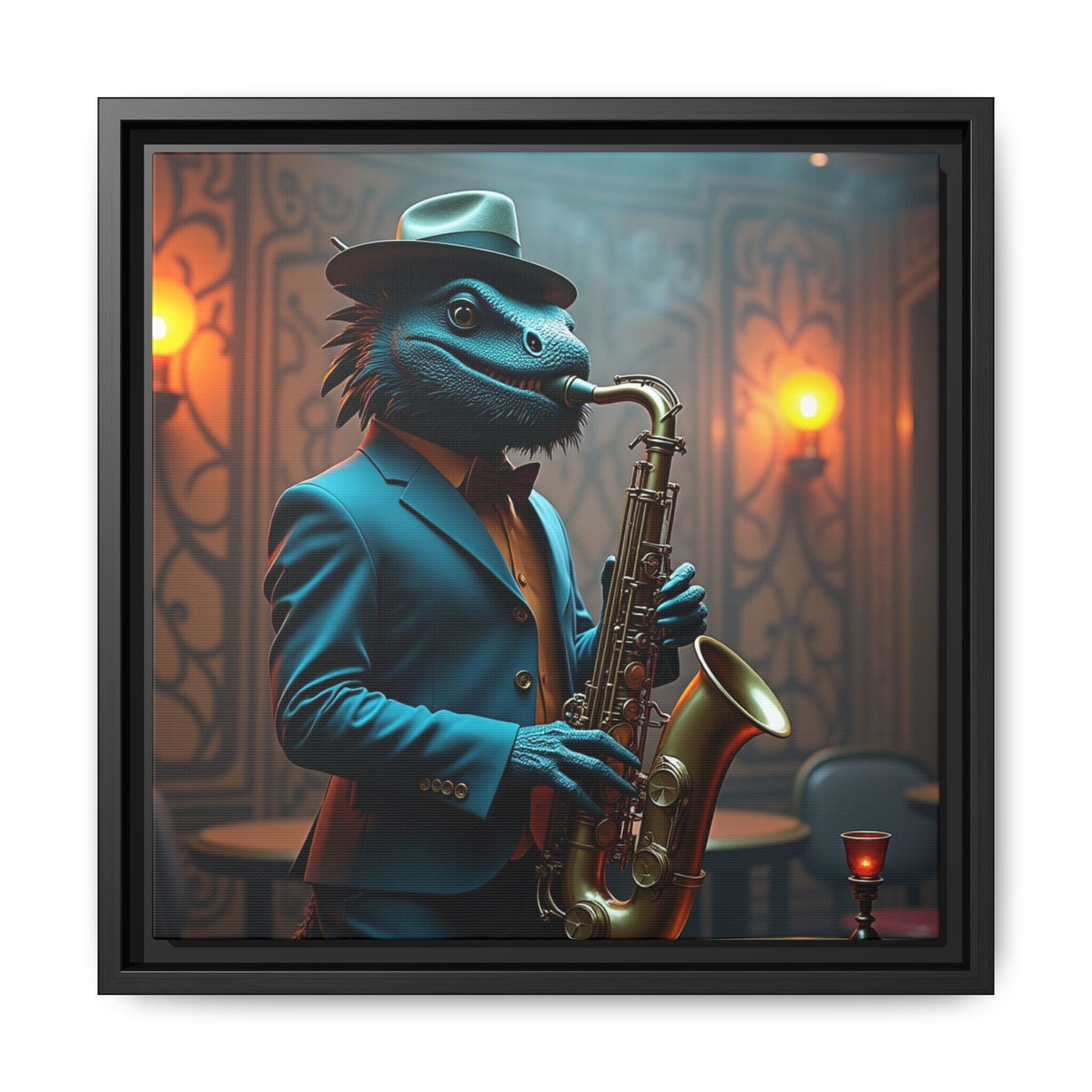 Framed Canvas Art Print,  Jazz Saxophone-Playing Bearded Dragon Wall Art