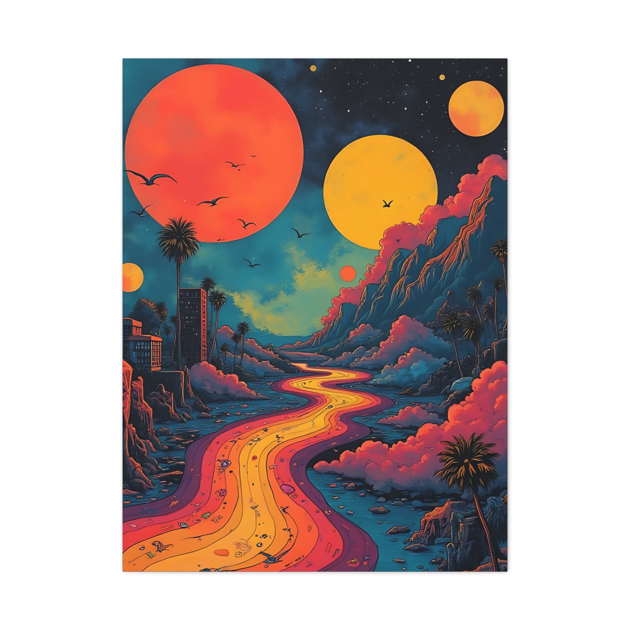 Psychedelic Sunset River Canvas Wall Art — Vibrant Retro Landscape Matte Stretched Print