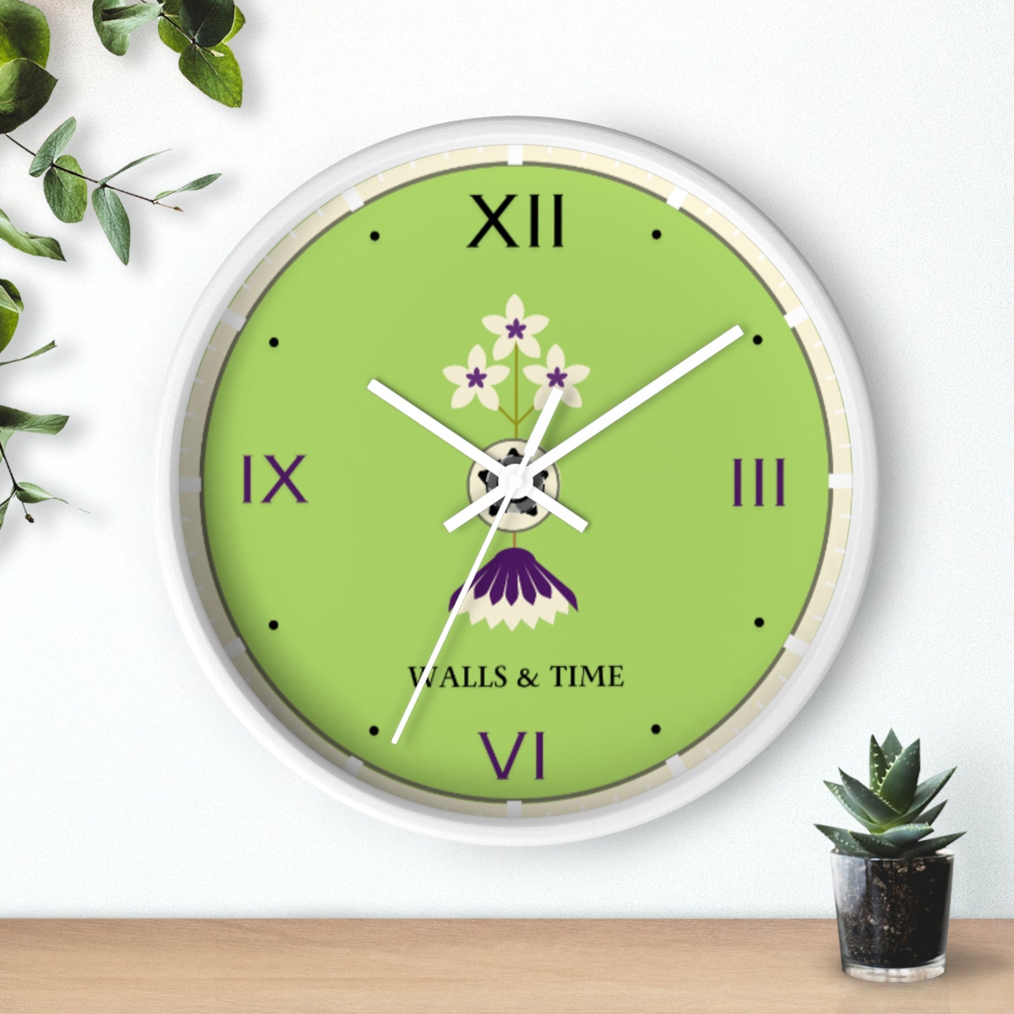 Decorative Silent Wall Clock, Light Green, Floral