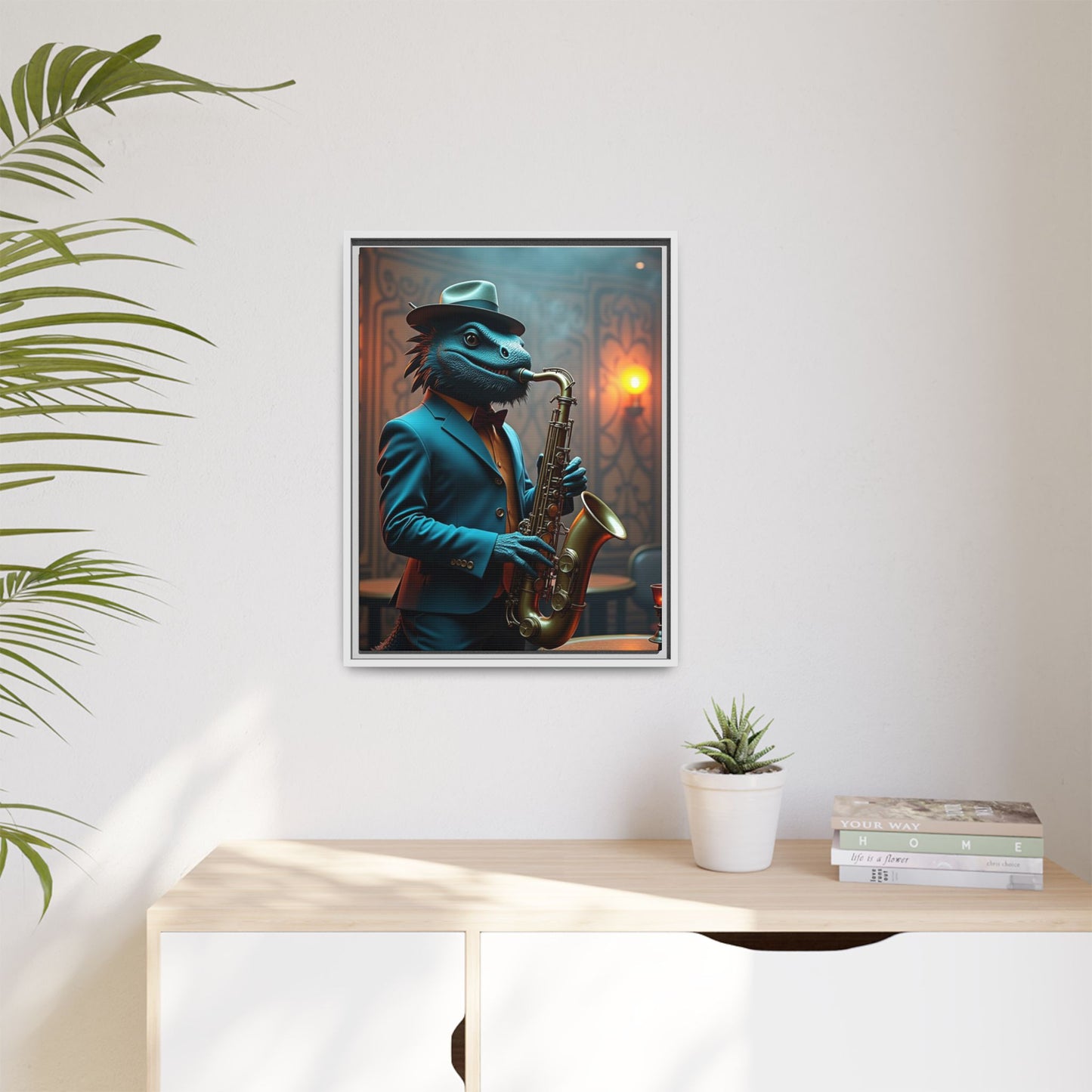 Bearded Dragon Playing the Saxophone Wall Artrt Print on Canvas, Framed (Multi-color)