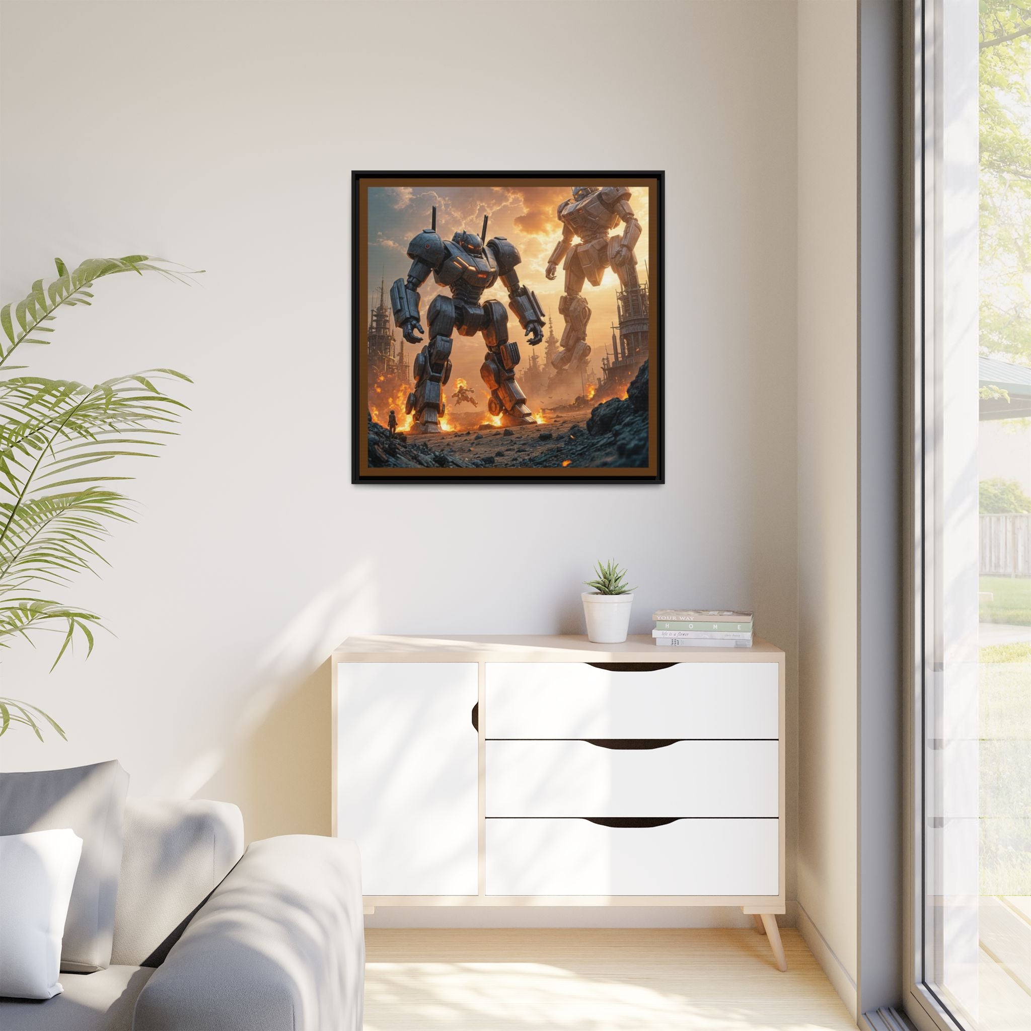 Framed Matte Canvas - Giant Mech Battle Scene Wall Art