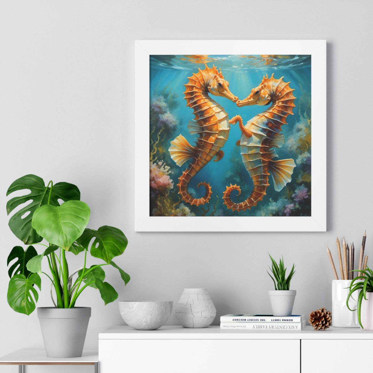 Framed Poster Art Print - Seahorses in Love Digital Painting