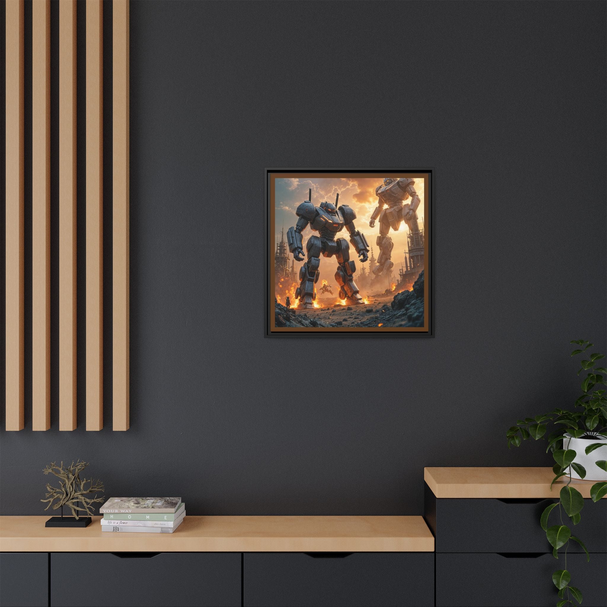 Framed Matte Canvas - Giant Mech Battle Scene Wall Art
