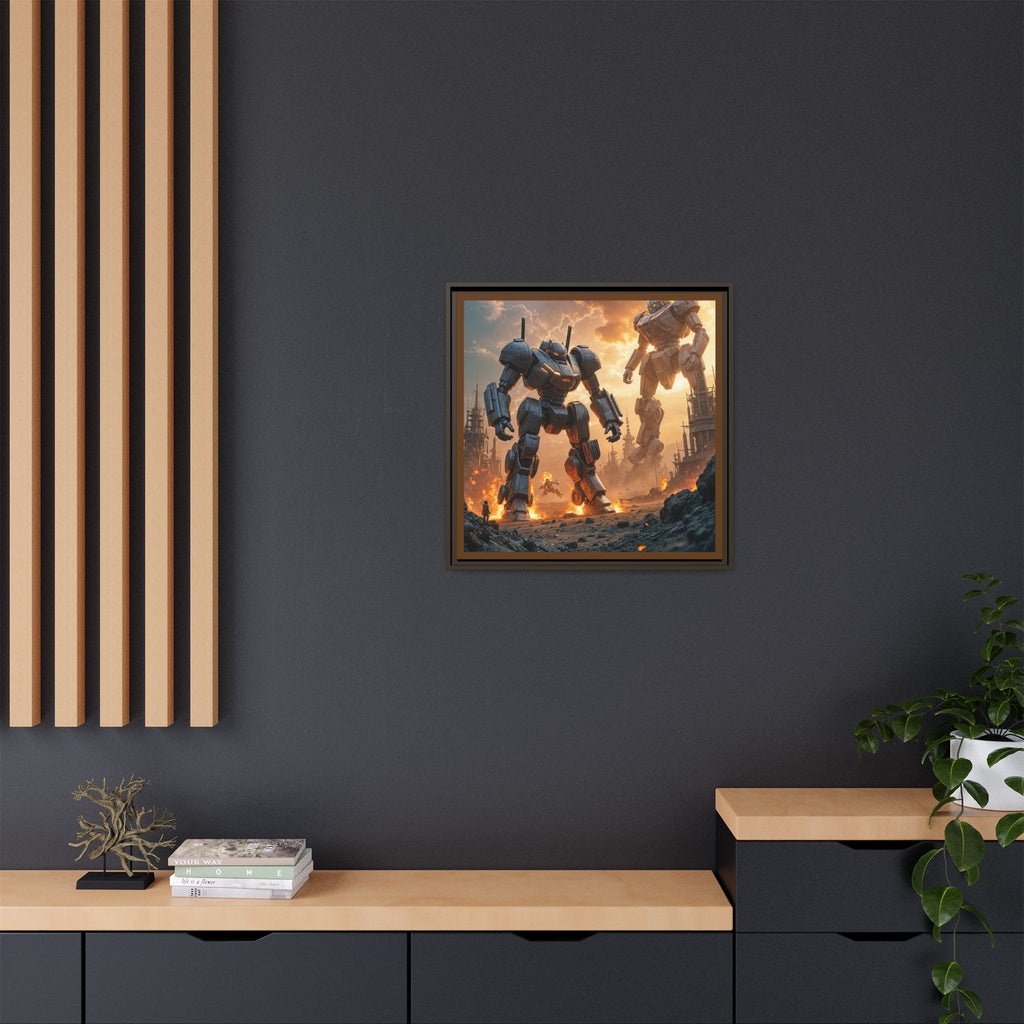 Framed Matte Canvas - Giant Mech Battle Scene Wall Art