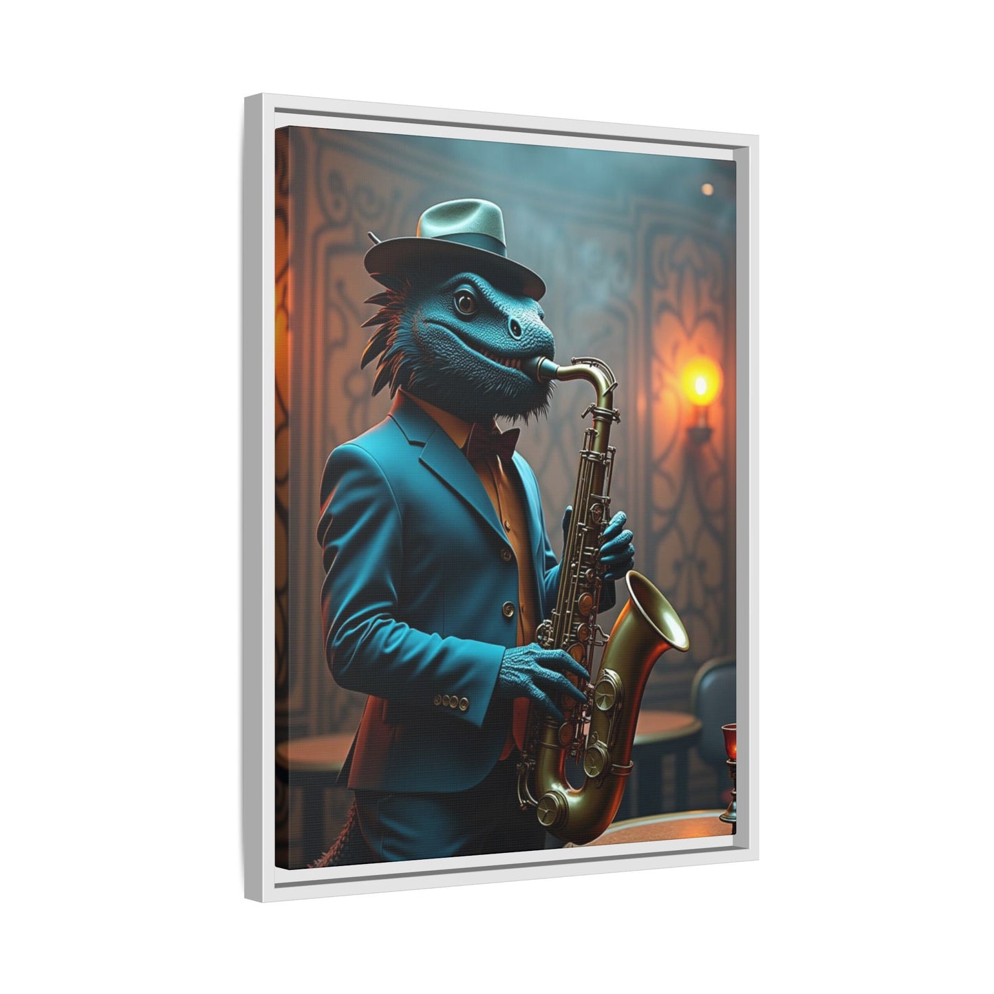 Bearded Dragon Playing the Saxophone Wall Artrt Print on Canvas, Framed (Multi-color)