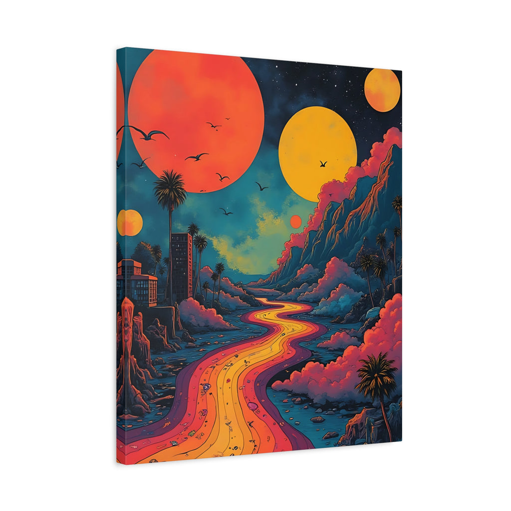 Psychedelic Sunset River Canvas Wall Art — Vibrant Retro Landscape Matte Stretched Print